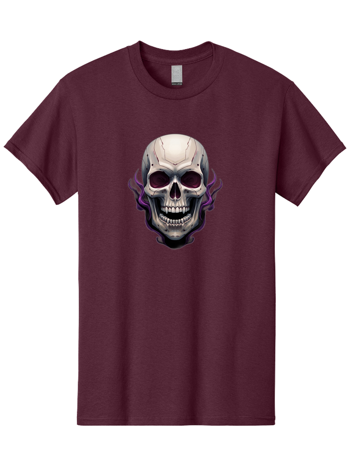 Cyborg-Skull Men'S Graphic Tee, 100% Cotton, Comfortable Casual Summer Wear, Machine Washable, Metallic Skull, Robotic Face, Purple Smoke, Futuristic Design, Cyberpunk Aesthetic, Dark Art, Halloween Theme, Gothic Style, Metal Texture, Bac971