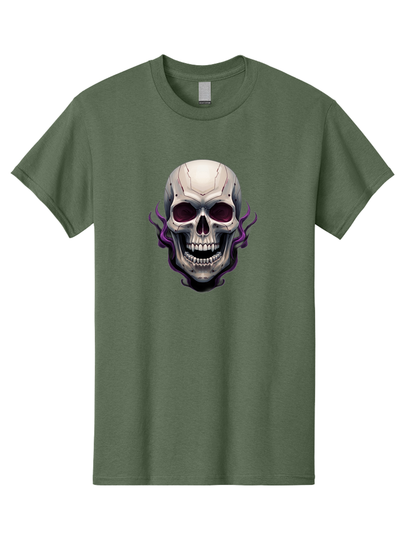 Cyborg-Skull Men'S Graphic Tee, 100% Cotton, Comfortable Casual Summer Wear, Machine Washable, Metallic Skull, Robotic Face, Purple Smoke, Futuristic Design, Cyberpunk Aesthetic, Dark Art, Halloween Theme, Gothic Style, Metal Texture, Bac971