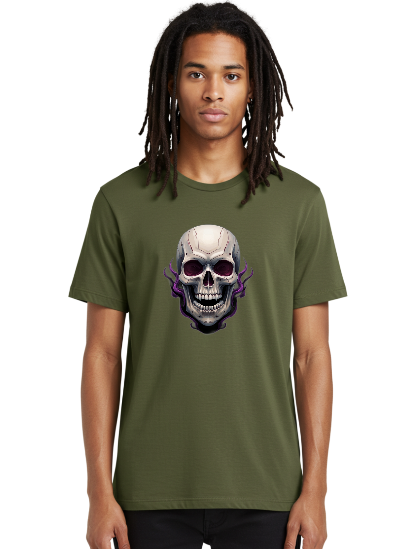 Cyborg-Skull Men'S Graphic Tee, 100% Cotton, Comfortable Casual Summer Wear, Machine Washable, Metallic Skull, Robotic Face, Purple Smoke, Futuristic Design, Cyberpunk Aesthetic, Dark Art, Halloween Theme, Gothic Style, Metal Texture, Bac971