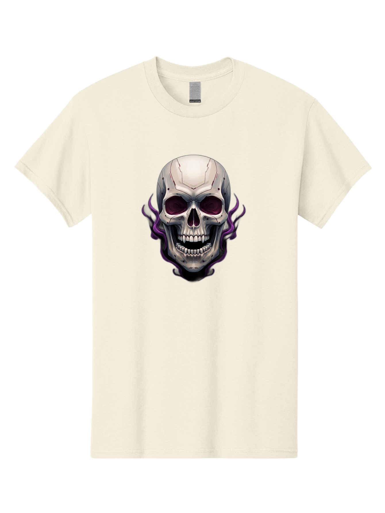 Cyborg-Skull Men'S Graphic Tee, 100% Cotton, Comfortable Casual Summer Wear, Machine Washable, Metallic Skull, Robotic Face, Purple Smoke, Futuristic Design, Cyberpunk Aesthetic, Dark Art, Halloween Theme, Gothic Style, Metal Texture, Bac971