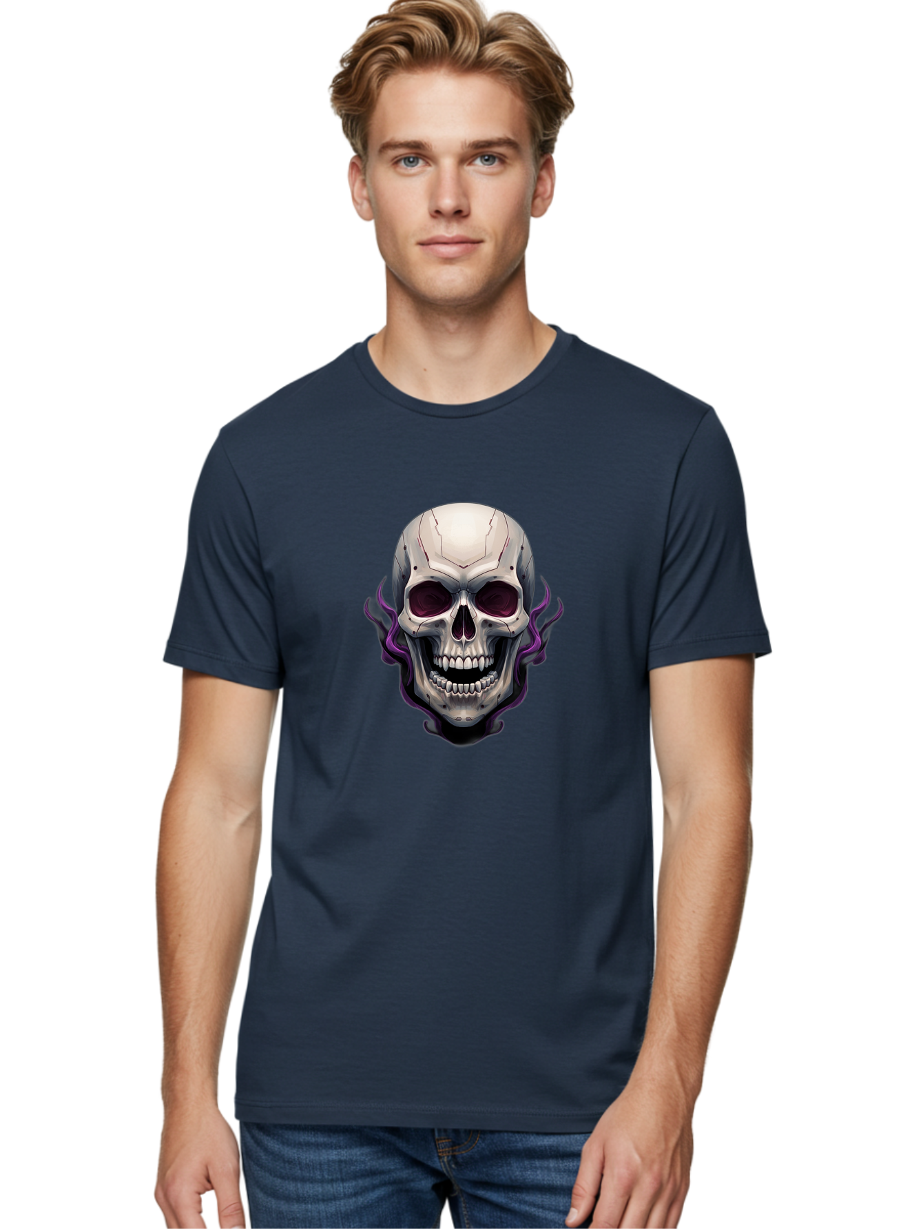Cyborg-Skull Men'S Graphic Tee, 100% Cotton, Comfortable Casual Summer Wear, Machine Washable, Metallic Skull, Robotic Face, Purple Smoke, Futuristic Design, Cyberpunk Aesthetic, Dark Art, Halloween Theme, Gothic Style, Metal Texture, Bac971