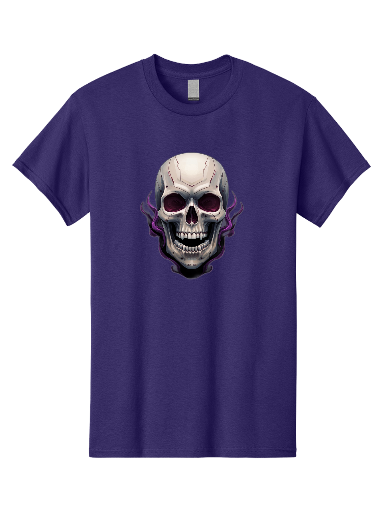 Cyborg-Skull Men'S Graphic Tee, 100% Cotton, Comfortable Casual Summer Wear, Machine Washable, Metallic Skull, Robotic Face, Purple Smoke, Futuristic Design, Cyberpunk Aesthetic, Dark Art, Halloween Theme, Gothic Style, Metal Texture, Bac971