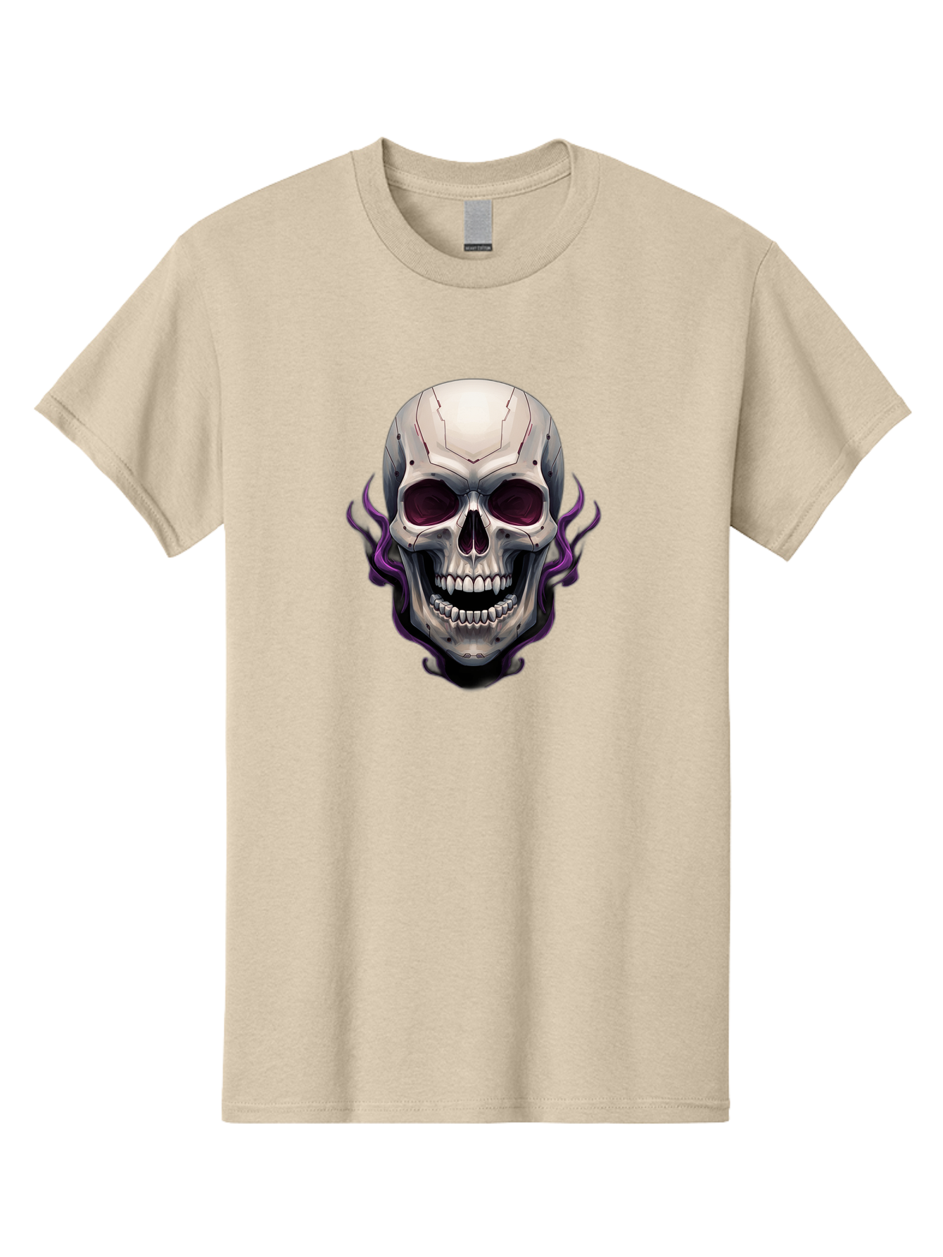 Cyborg-Skull Men'S Graphic Tee, 100% Cotton, Comfortable Casual Summer Wear, Machine Washable, Metallic Skull, Robotic Face, Purple Smoke, Futuristic Design, Cyberpunk Aesthetic, Dark Art, Halloween Theme, Gothic Style, Metal Texture, Bac971