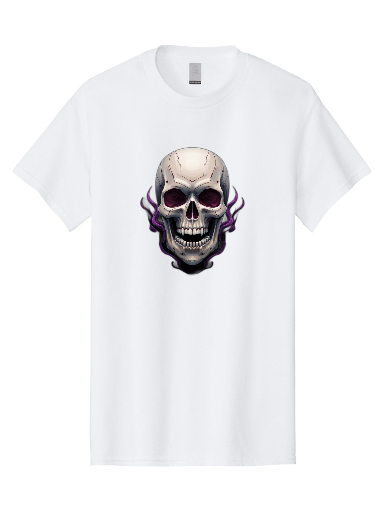 Cyborg-Skull Men'S Graphic Tee, 100% Cotton, Comfortable Casual Summer Wear, Machine Washable, Metallic Skull, Robotic Face, Purple Smoke, Futuristic Design, Cyberpunk Aesthetic, Dark Art, Halloween Theme, Gothic Style, Metal Texture, Bac971