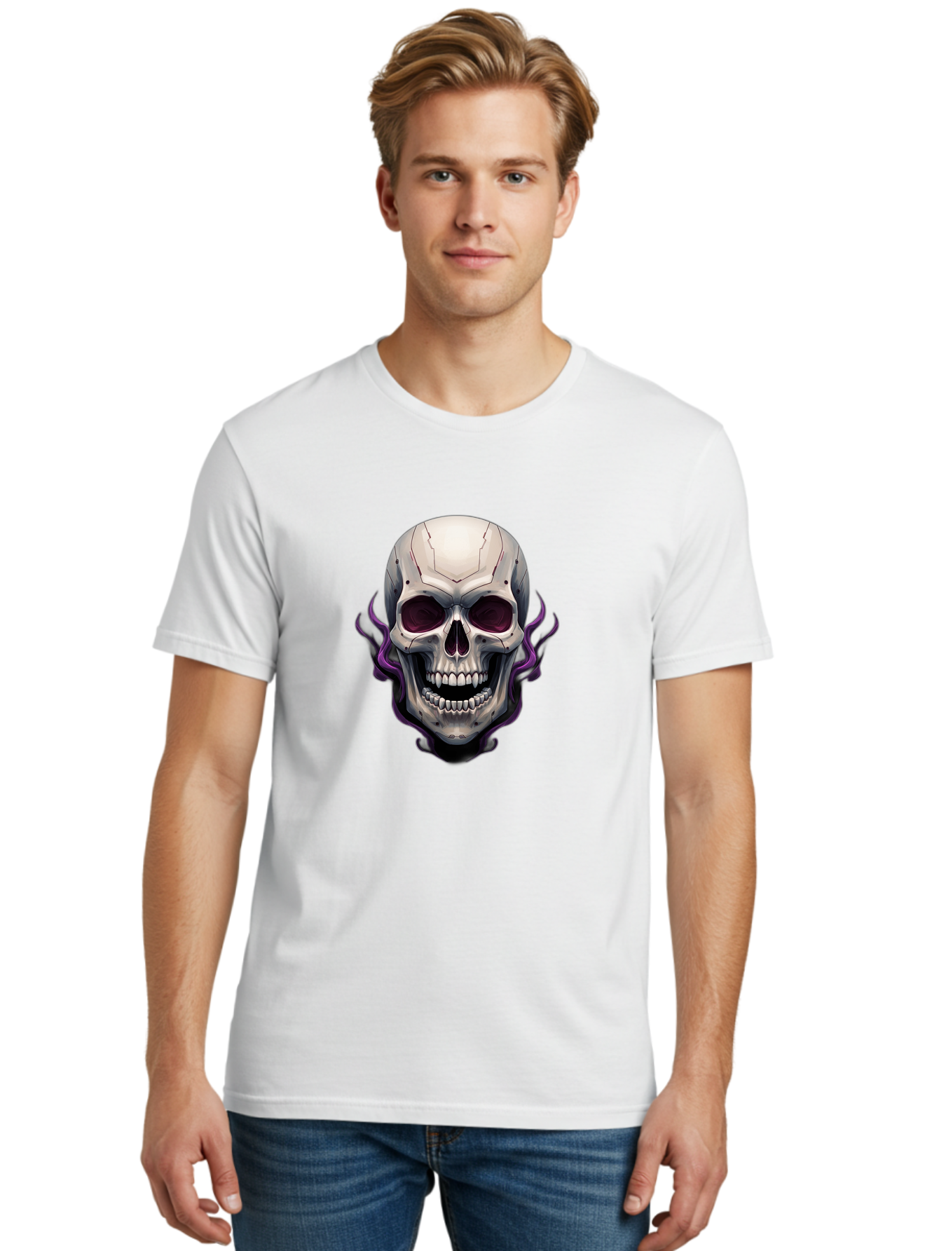 Cyborg-Skull Men'S Graphic Tee, 100% Cotton, Comfortable Casual Summer Wear, Machine Washable, Metallic Skull, Robotic Face, Purple Smoke, Futuristic Design, Cyberpunk Aesthetic, Dark Art, Halloween Theme, Gothic Style, Metal Texture, Bac971