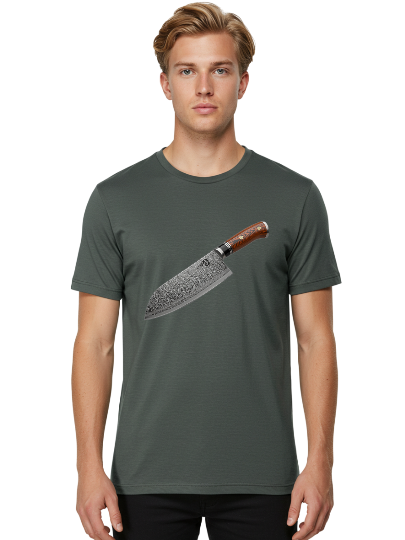 Damascus-Chef-S-Knife Men'S Graphic Tee, 100% Cotton, Comfortable Casual Summer Wear, Machine Washable, Damascus Steel Chef'S Knife, Kitchen Knife, Sharp Blade, Intricate Design, Wooden Handle, Brass Rivets, Chef'S Tool, Cutting Edge, Cookware Bac972