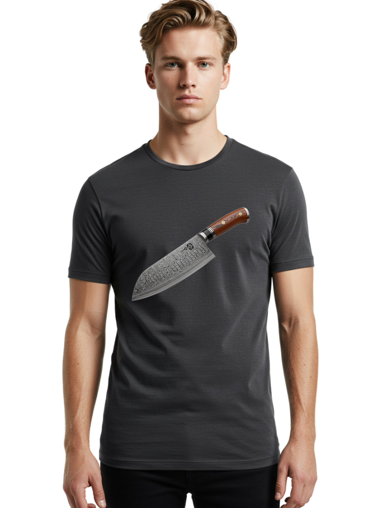 Damascus-Chef-S-Knife Men'S Graphic Tee, 100% Cotton, Comfortable Casual Summer Wear, Machine Washable, Damascus Steel Chef'S Knife, Kitchen Knife, Sharp Blade, Intricate Design, Wooden Handle, Brass Rivets, Chef'S Tool, Cutting Edge, Cookware Bac972