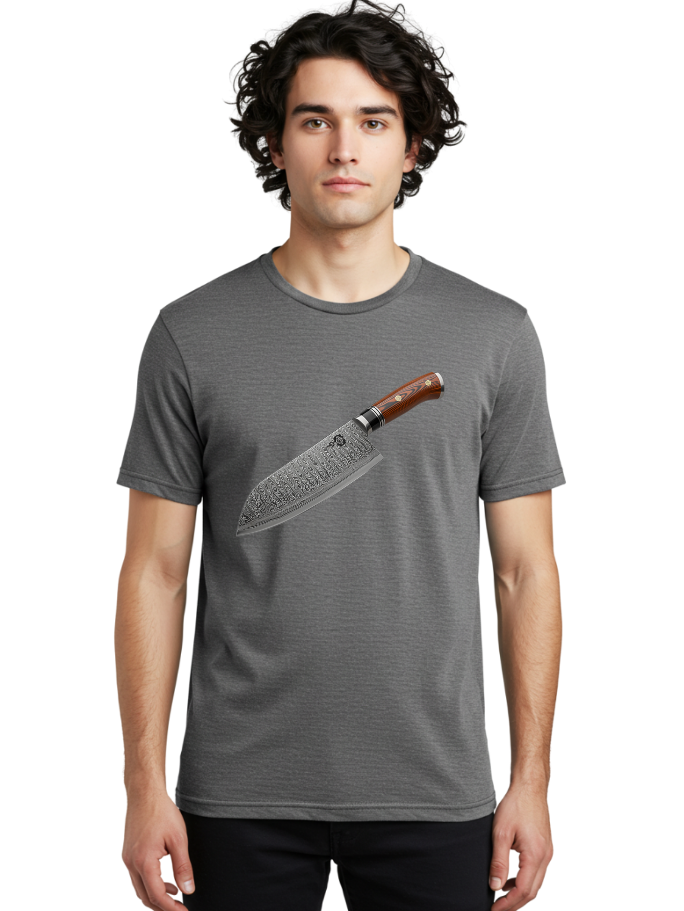 Damascus-Chef-S-Knife Men'S Graphic Tee, 100% Cotton, Comfortable Casual Summer Wear, Machine Washable, Damascus Steel Chef'S Knife, Kitchen Knife, Sharp Blade, Intricate Design, Wooden Handle, Brass Rivets, Chef'S Tool, Cutting Edge, Cookware Bac972