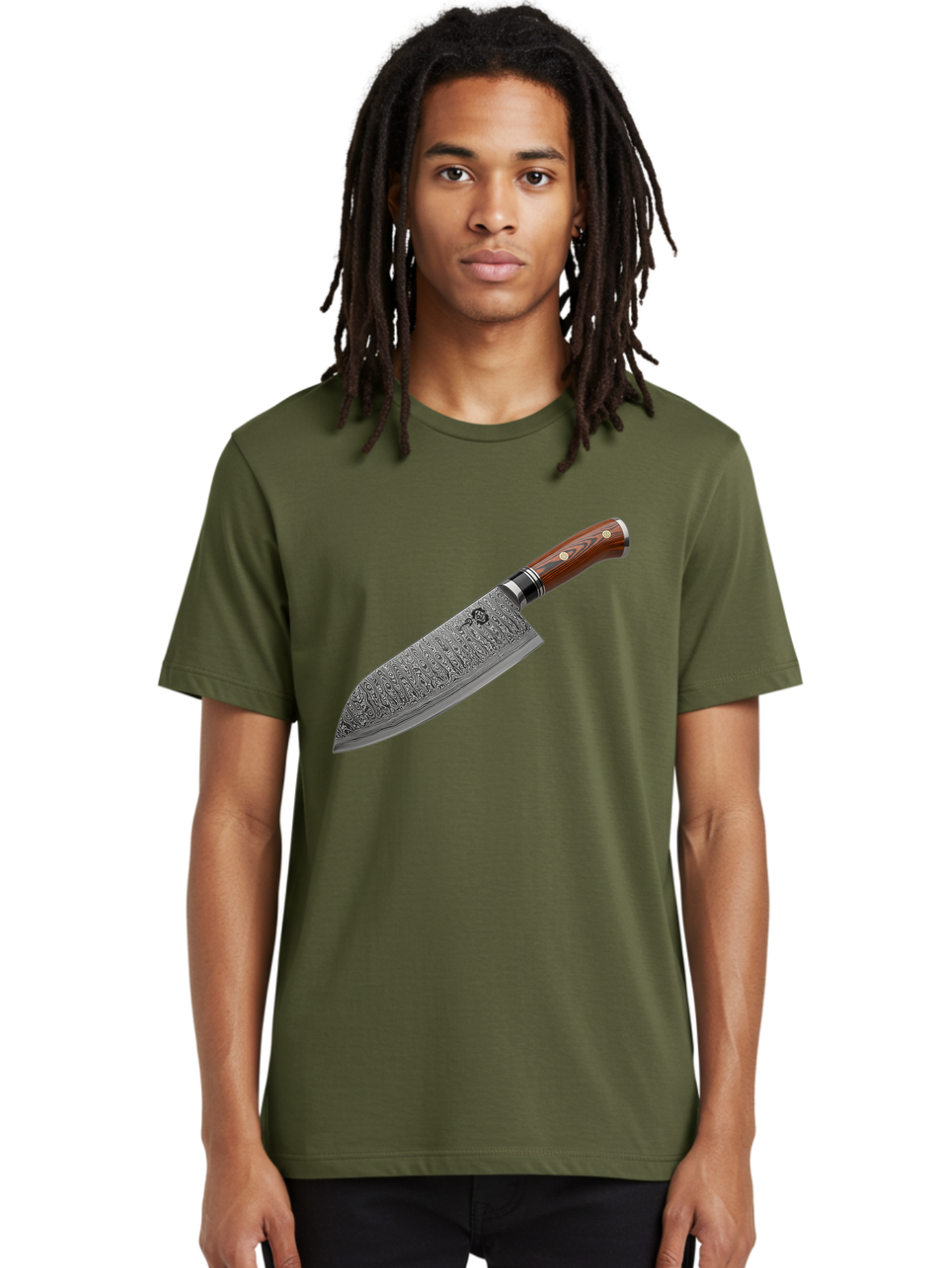 Damascus-Chef-S-Knife Men'S Graphic Tee, 100% Cotton, Comfortable Casual Summer Wear, Machine Washable, Damascus Steel Chef'S Knife, Kitchen Knife, Sharp Blade, Intricate Design, Wooden Handle, Brass Rivets, Chef'S Tool, Cutting Edge, Cookware Bac972