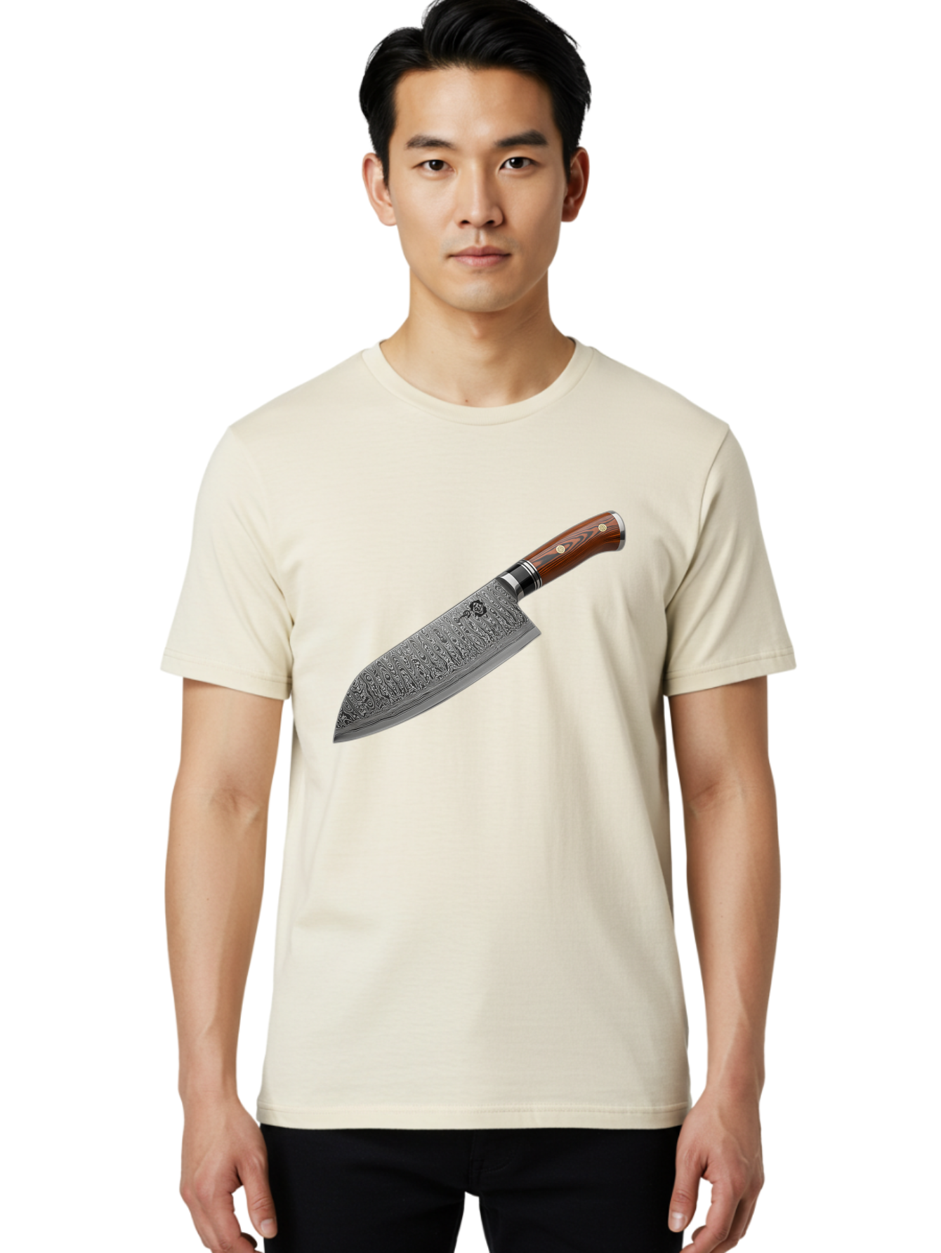 Damascus-Chef-S-Knife Men'S Graphic Tee, 100% Cotton, Comfortable Casual Summer Wear, Machine Washable, Damascus Steel Chef'S Knife, Kitchen Knife, Sharp Blade, Intricate Design, Wooden Handle, Brass Rivets, Chef'S Tool, Cutting Edge, Cookware Bac972