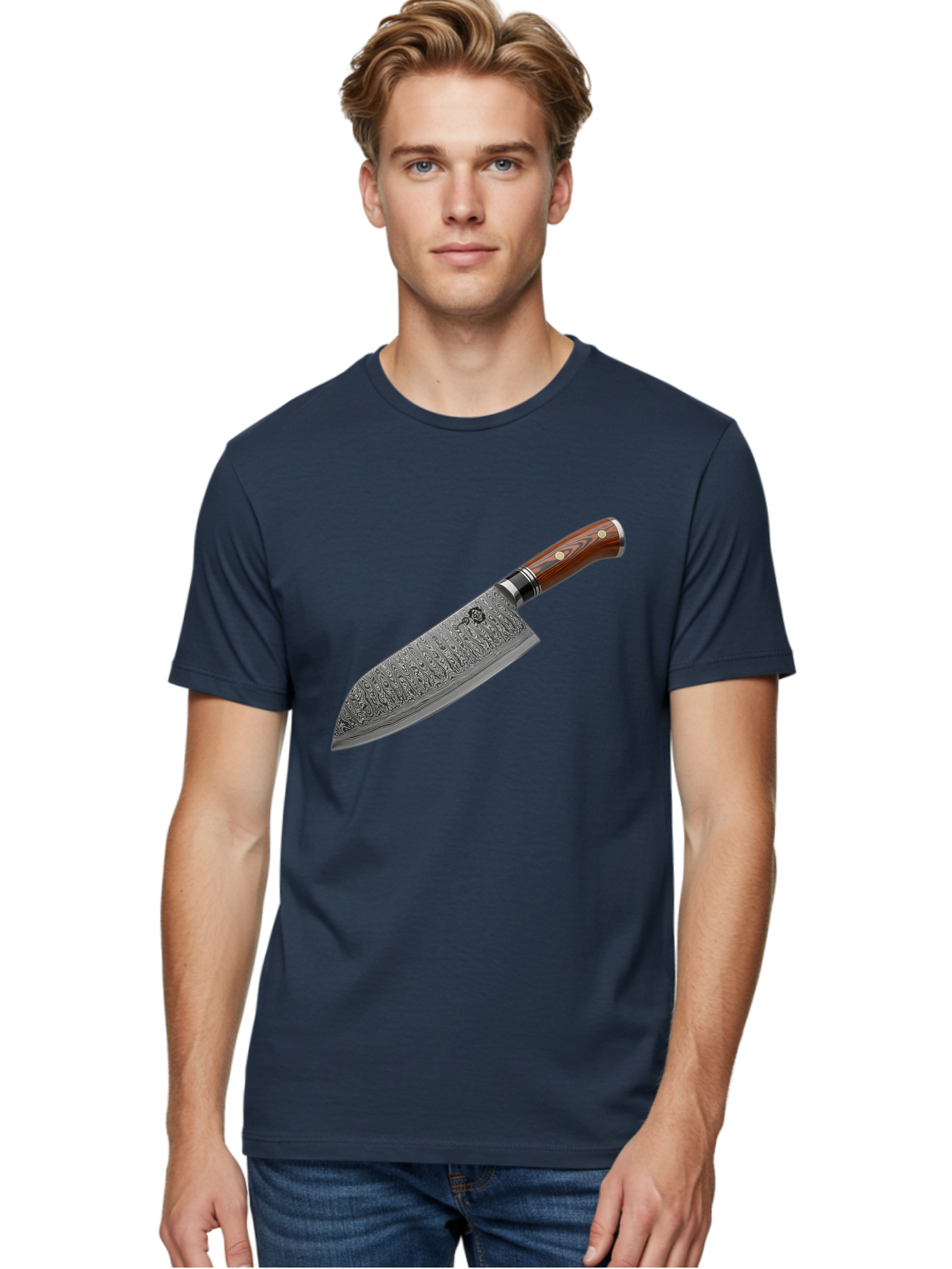 Damascus-Chef-S-Knife Men'S Graphic Tee, 100% Cotton, Comfortable Casual Summer Wear, Machine Washable, Damascus Steel Chef'S Knife, Kitchen Knife, Sharp Blade, Intricate Design, Wooden Handle, Brass Rivets, Chef'S Tool, Cutting Edge, Cookware Bac972