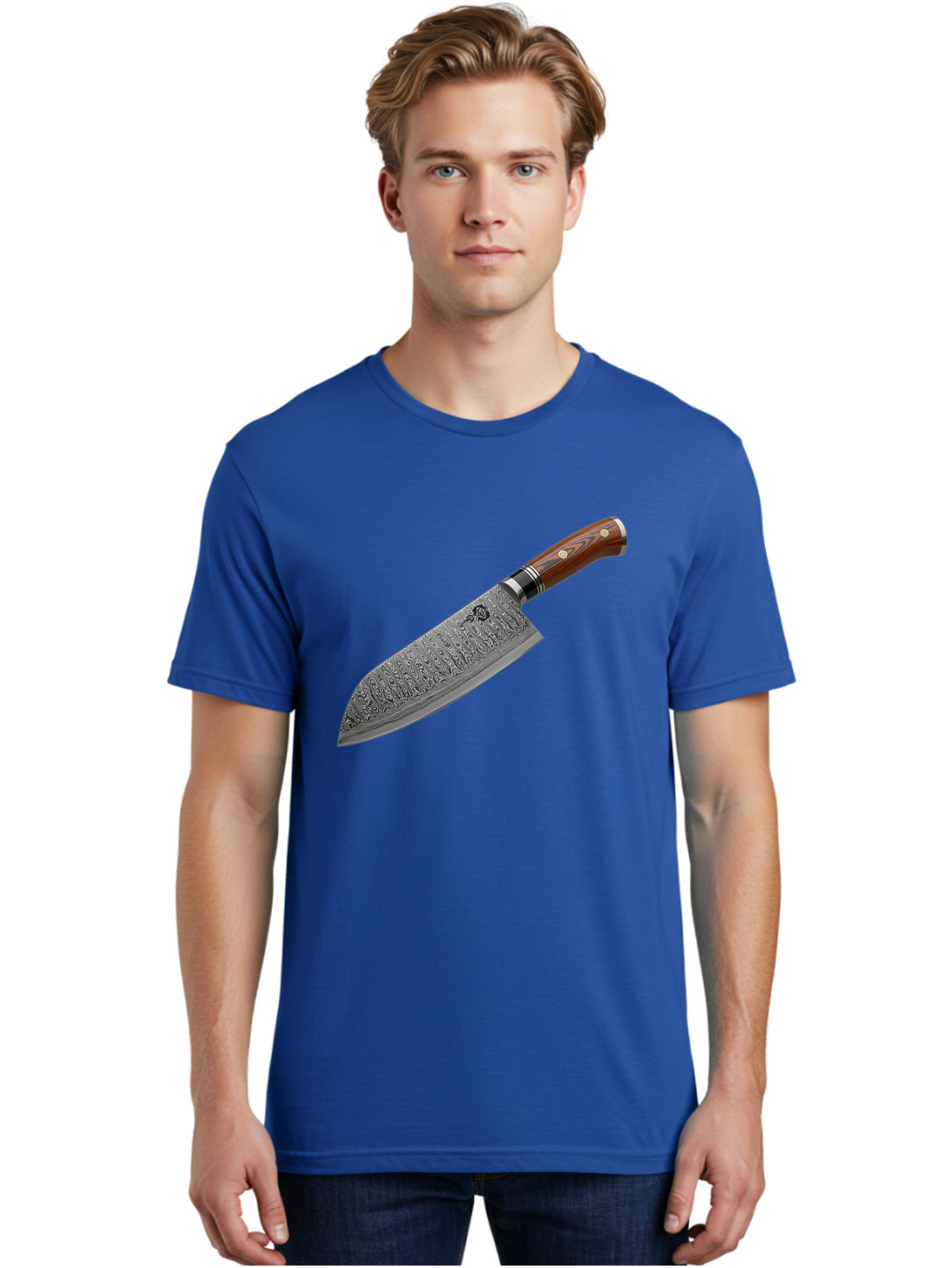 Damascus-Chef-S-Knife Men'S Graphic Tee, 100% Cotton, Comfortable Casual Summer Wear, Machine Washable, Damascus Steel Chef'S Knife, Kitchen Knife, Sharp Blade, Intricate Design, Wooden Handle, Brass Rivets, Chef'S Tool, Cutting Edge, Cookware Bac972