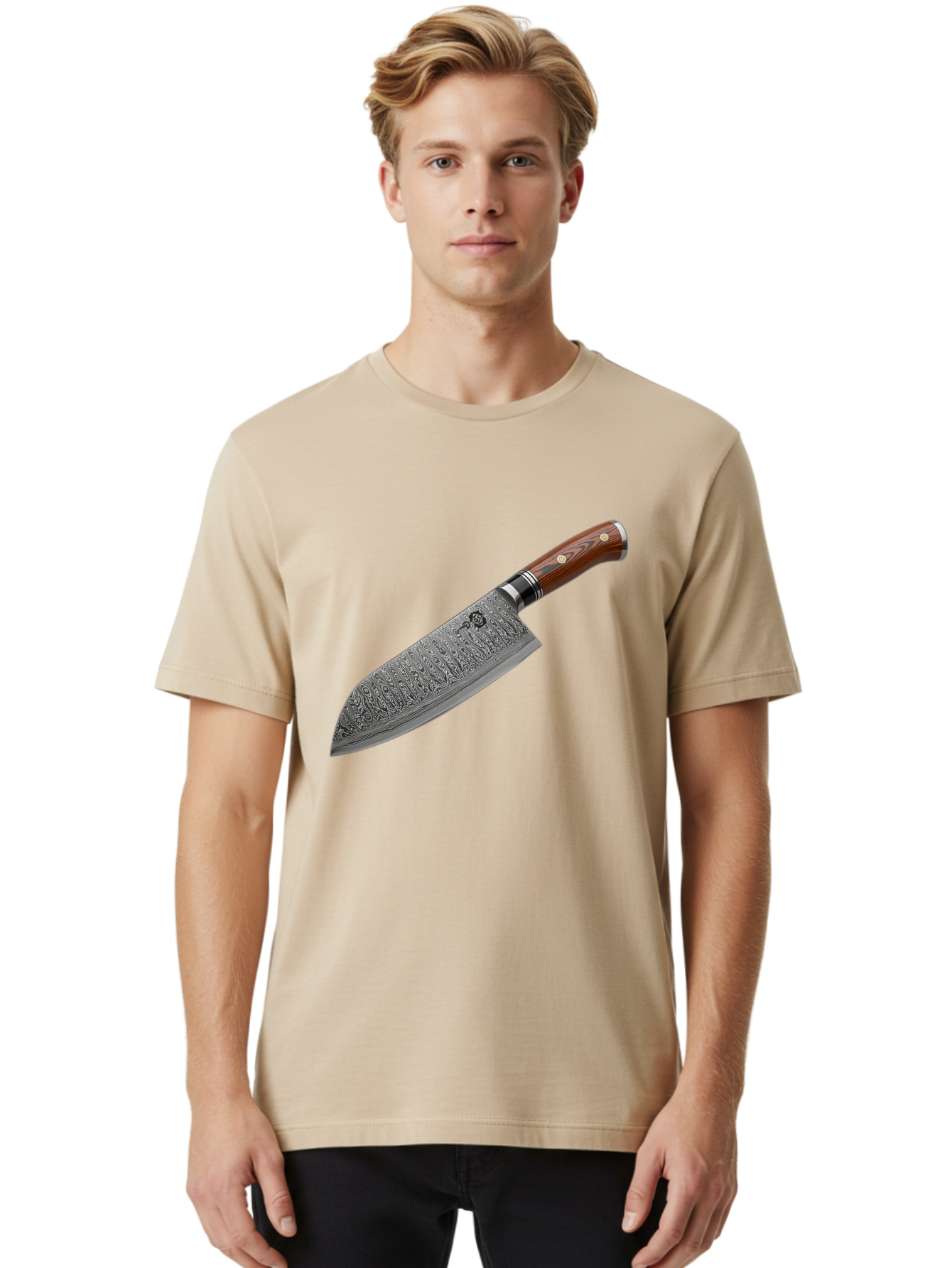 Damascus-Chef-S-Knife Men'S Graphic Tee, 100% Cotton, Comfortable Casual Summer Wear, Machine Washable, Damascus Steel Chef'S Knife, Kitchen Knife, Sharp Blade, Intricate Design, Wooden Handle, Brass Rivets, Chef'S Tool, Cutting Edge, Cookware Bac972
