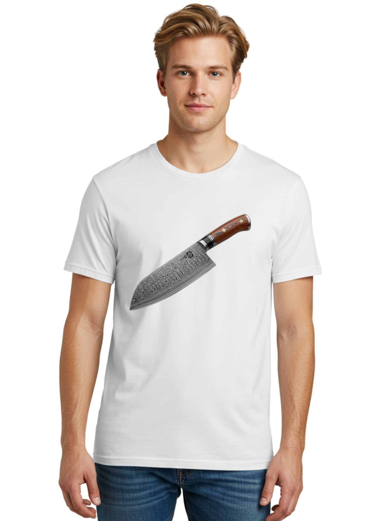Damascus-Chef-S-Knife Men'S Graphic Tee, 100% Cotton, Comfortable Casual Summer Wear, Machine Washable, Damascus Steel Chef'S Knife, Kitchen Knife, Sharp Blade, Intricate Design, Wooden Handle, Brass Rivets, Chef'S Tool, Cutting Edge, Cookware Bac972