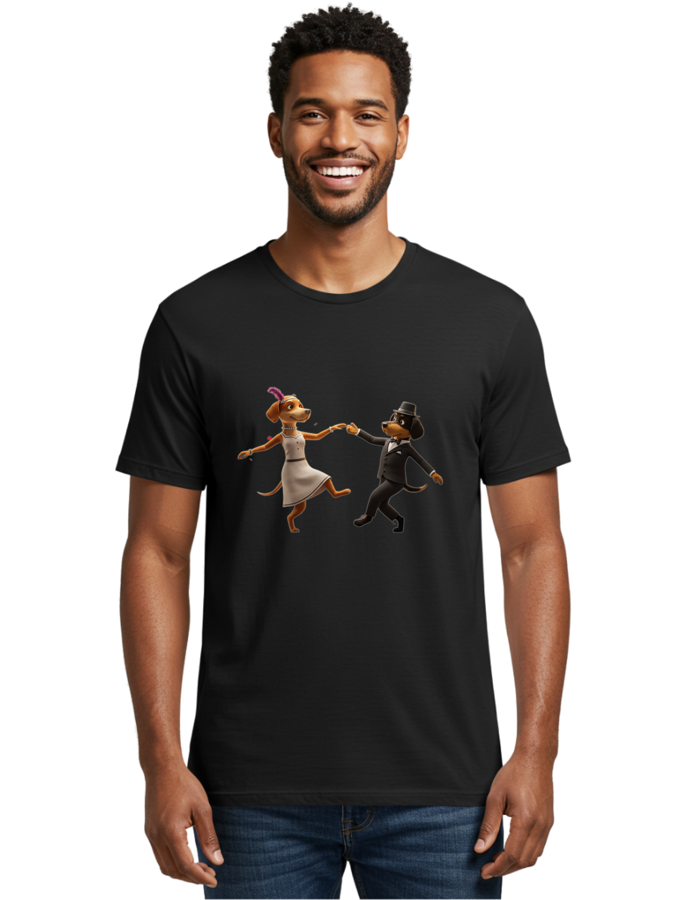 Dancing-Dogs Men'S Graphic Tee, 100% Cotton, Comfortable Casual Summer Wear, Machine Washable, Anthropomorphic Dogs Dancing Together, Lady Dog In A Dress And Hat, Gentleman Dog In A Suit, Romantic Dance, Dog Couple, Illustration, Bac973