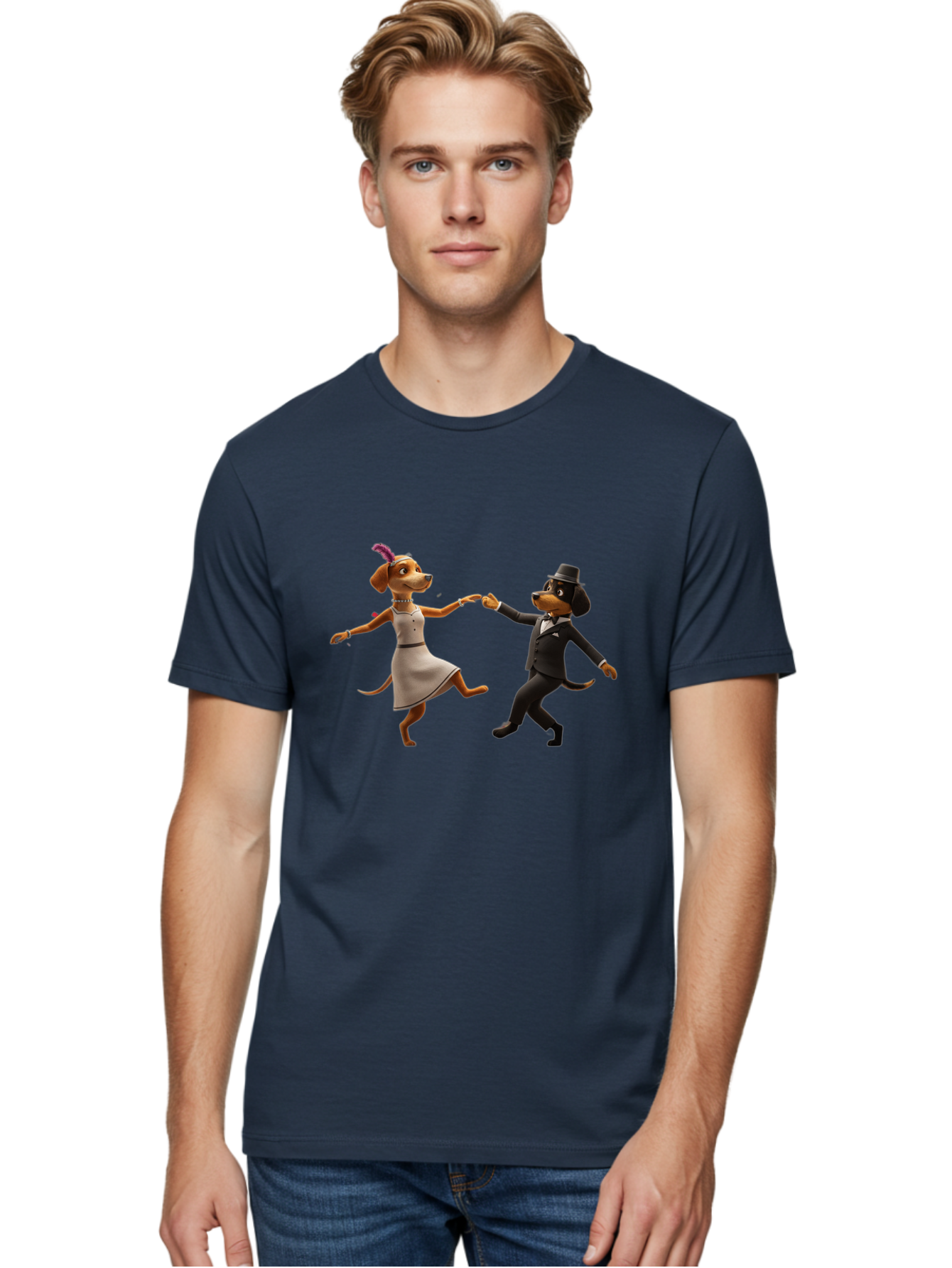 Dancing-Dogs Men'S Graphic Tee, 100% Cotton, Comfortable Casual Summer Wear, Machine Washable, Anthropomorphic Dogs Dancing Together, Lady Dog In A Dress And Hat, Gentleman Dog In A Suit, Romantic Dance, Dog Couple, Illustration, Bac973