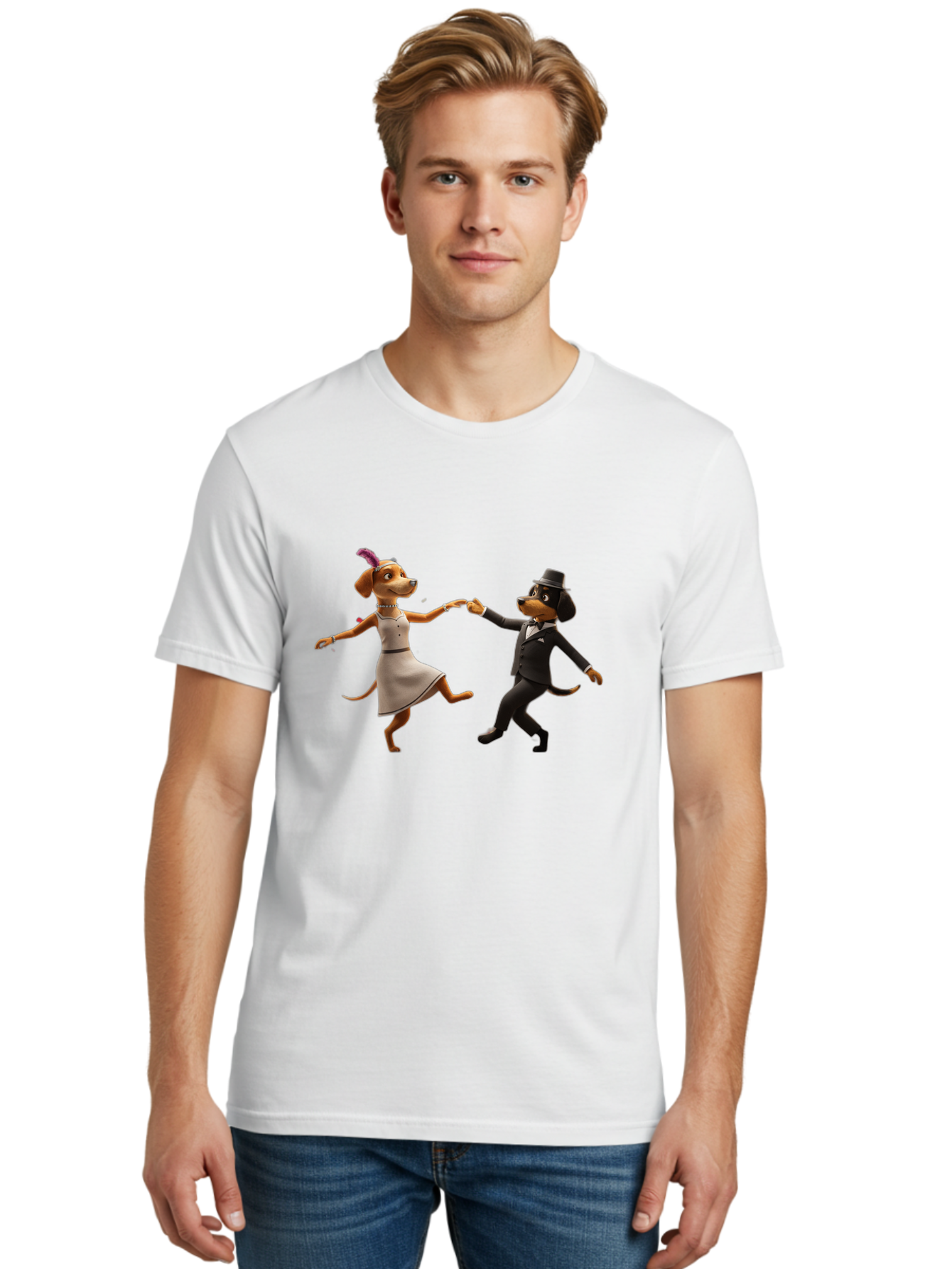 Dancing-Dogs Men'S Graphic Tee, 100% Cotton, Comfortable Casual Summer Wear, Machine Washable, Anthropomorphic Dogs Dancing Together, Lady Dog In A Dress And Hat, Gentleman Dog In A Suit, Romantic Dance, Dog Couple, Illustration, Bac973