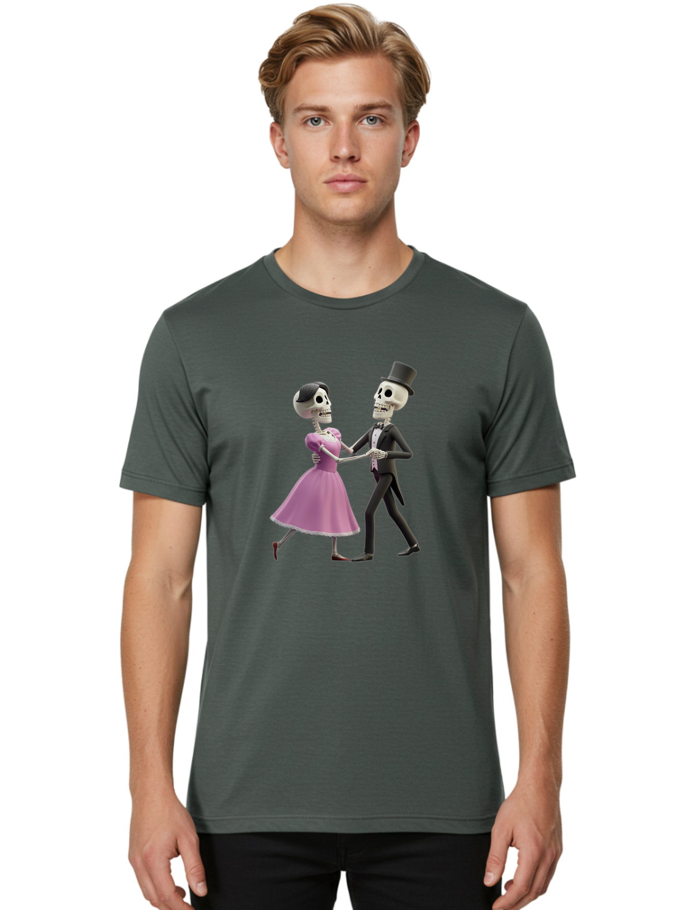 Dancing-Skeletons Men'S Graphic Tee, 100% Cotton, Comfortable Casual Summer Wear, Machine Washable, Skeleton Couple Dancing, Day Of The Dead Celebration, Calavera Fashion, Traditional Mexican Attire, Sugar Skull Makeup, Waltz Dance, Bac974