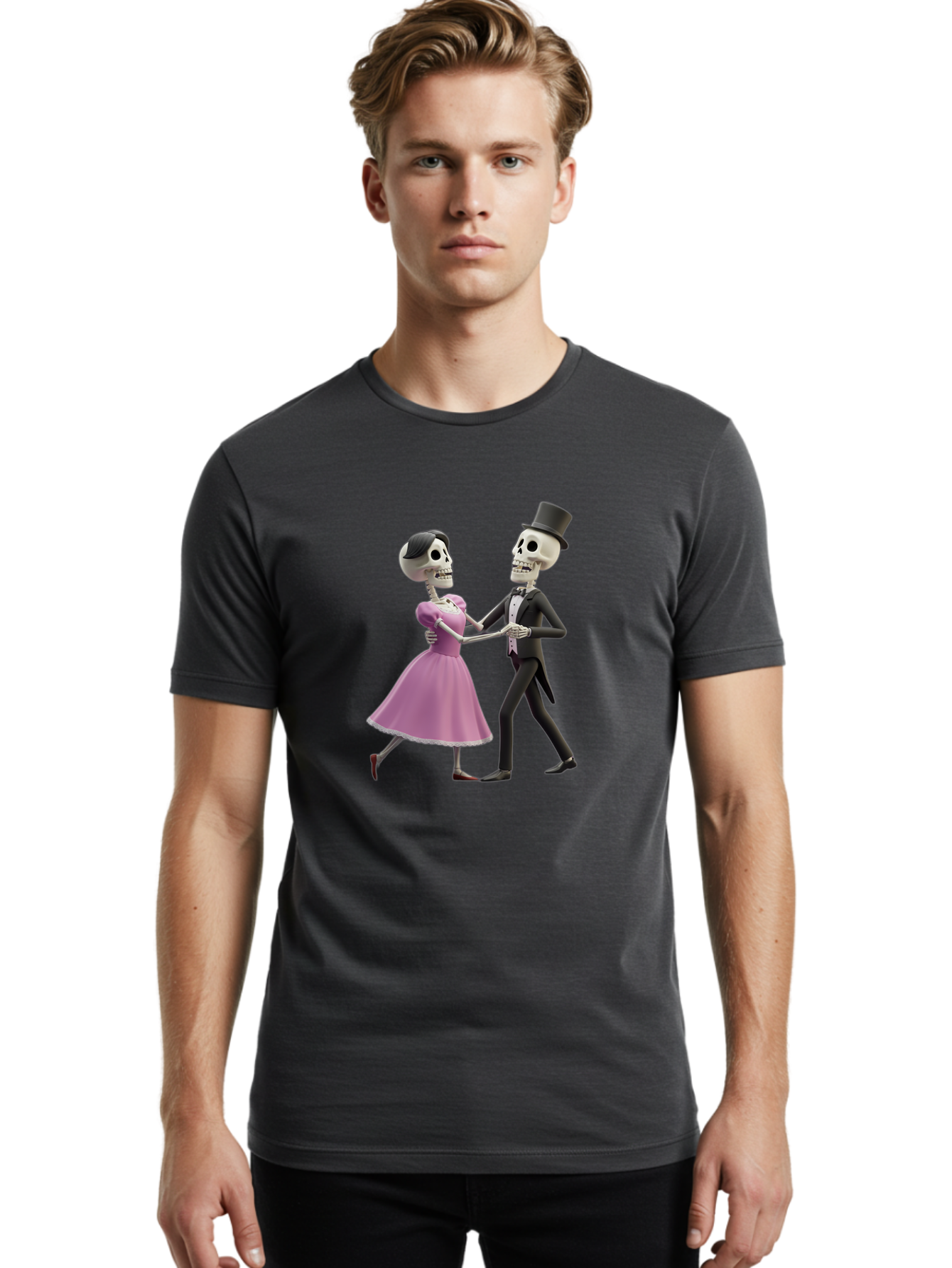 Dancing-Skeletons Men'S Graphic Tee, 100% Cotton, Comfortable Casual Summer Wear, Machine Washable, Skeleton Couple Dancing, Day Of The Dead Celebration, Calavera Fashion, Traditional Mexican Attire, Sugar Skull Makeup, Waltz Dance, Bac974