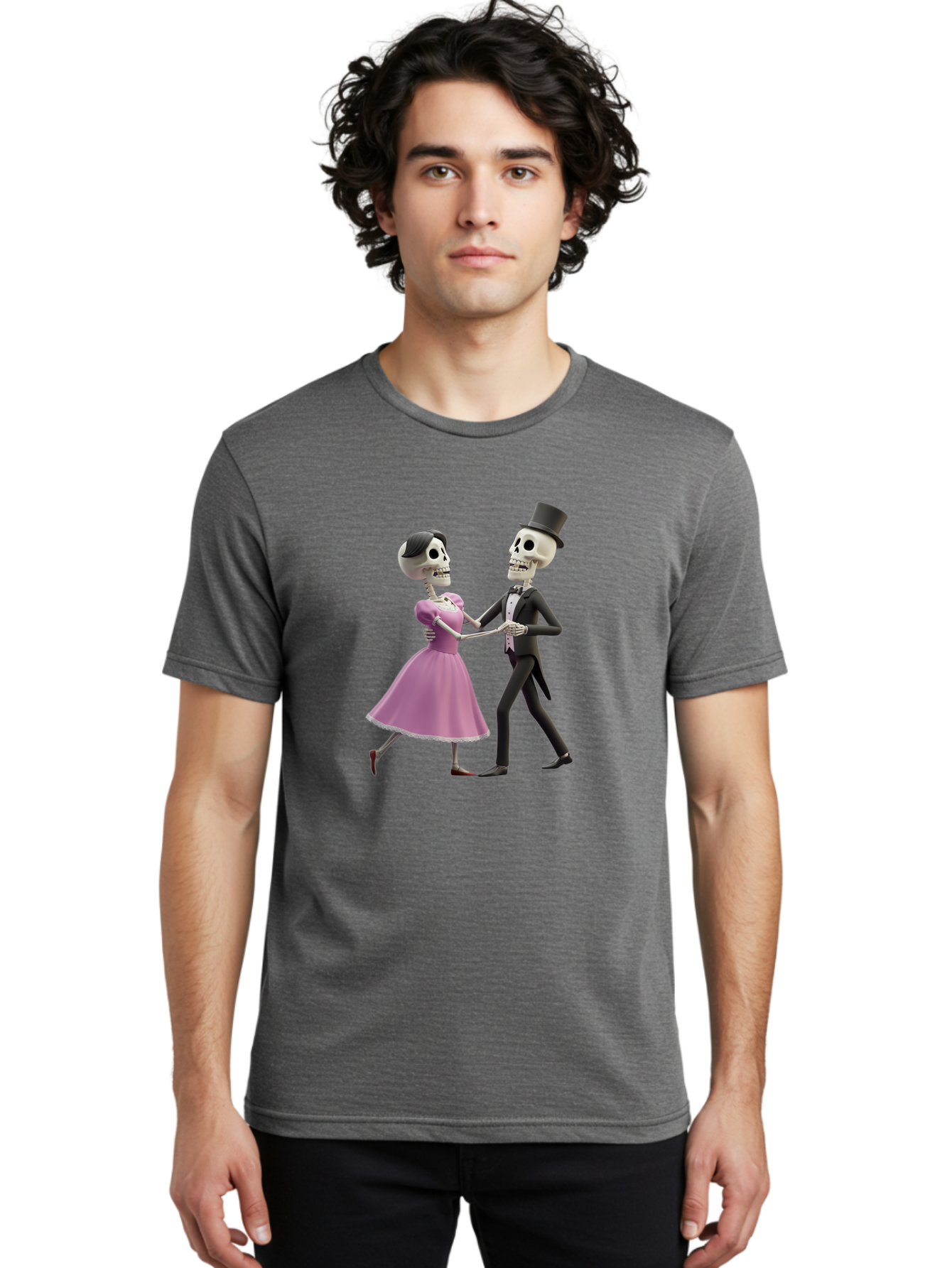 Dancing-Skeletons Men'S Graphic Tee, 100% Cotton, Comfortable Casual Summer Wear, Machine Washable, Skeleton Couple Dancing, Day Of The Dead Celebration, Calavera Fashion, Traditional Mexican Attire, Sugar Skull Makeup, Waltz Dance, Bac974
