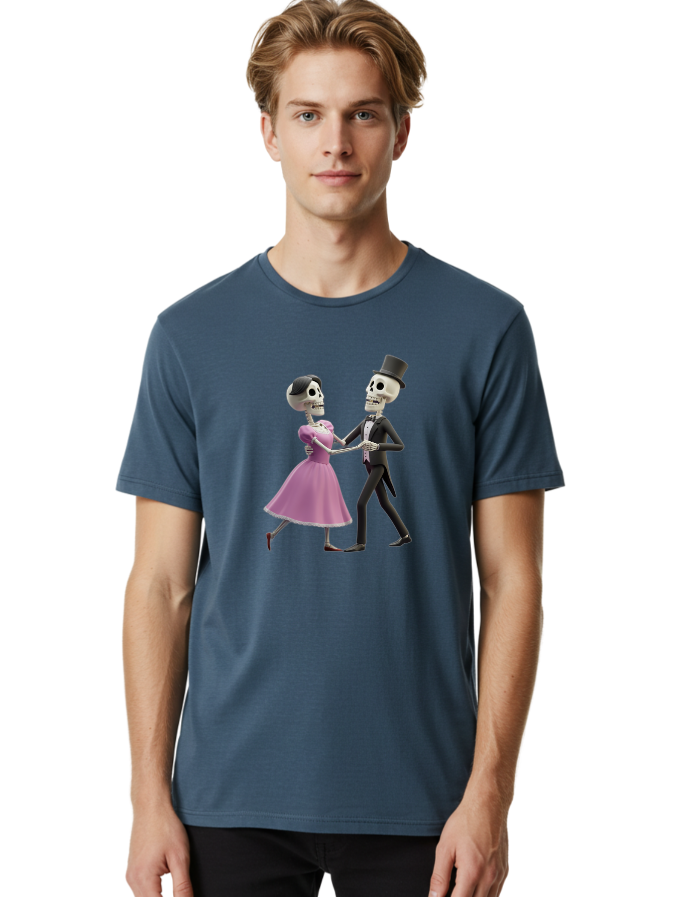 Dancing-Skeletons Men'S Graphic Tee, 100% Cotton, Comfortable Casual Summer Wear, Machine Washable, Skeleton Couple Dancing, Day Of The Dead Celebration, Calavera Fashion, Traditional Mexican Attire, Sugar Skull Makeup, Waltz Dance, Bac974