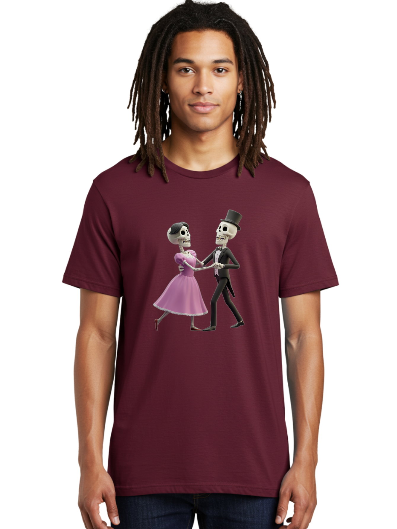 Dancing-Skeletons Men'S Graphic Tee, 100% Cotton, Comfortable Casual Summer Wear, Machine Washable, Skeleton Couple Dancing, Day Of The Dead Celebration, Calavera Fashion, Traditional Mexican Attire, Sugar Skull Makeup, Waltz Dance, Bac974