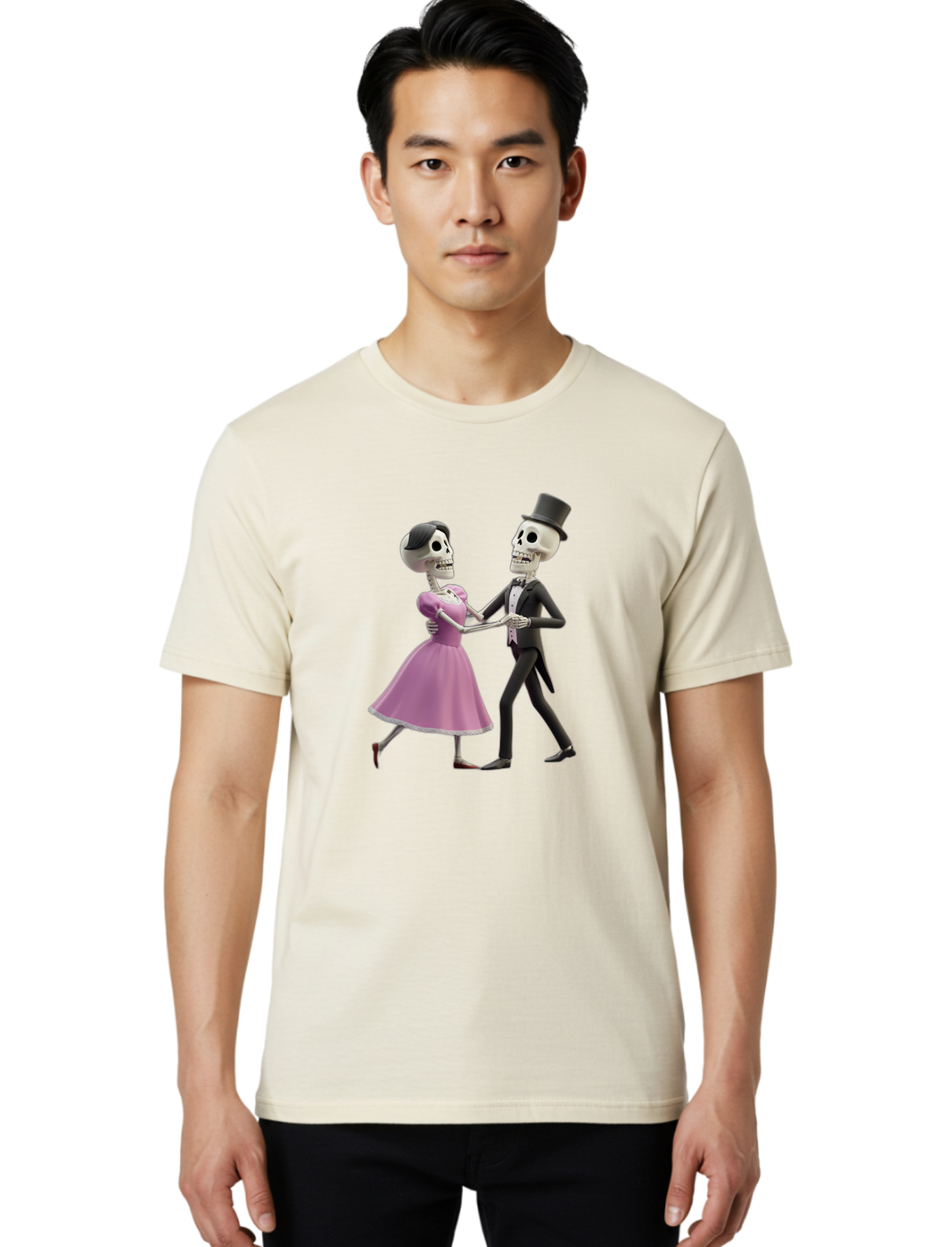 Dancing-Skeletons Men'S Graphic Tee, 100% Cotton, Comfortable Casual Summer Wear, Machine Washable, Skeleton Couple Dancing, Day Of The Dead Celebration, Calavera Fashion, Traditional Mexican Attire, Sugar Skull Makeup, Waltz Dance, Bac974