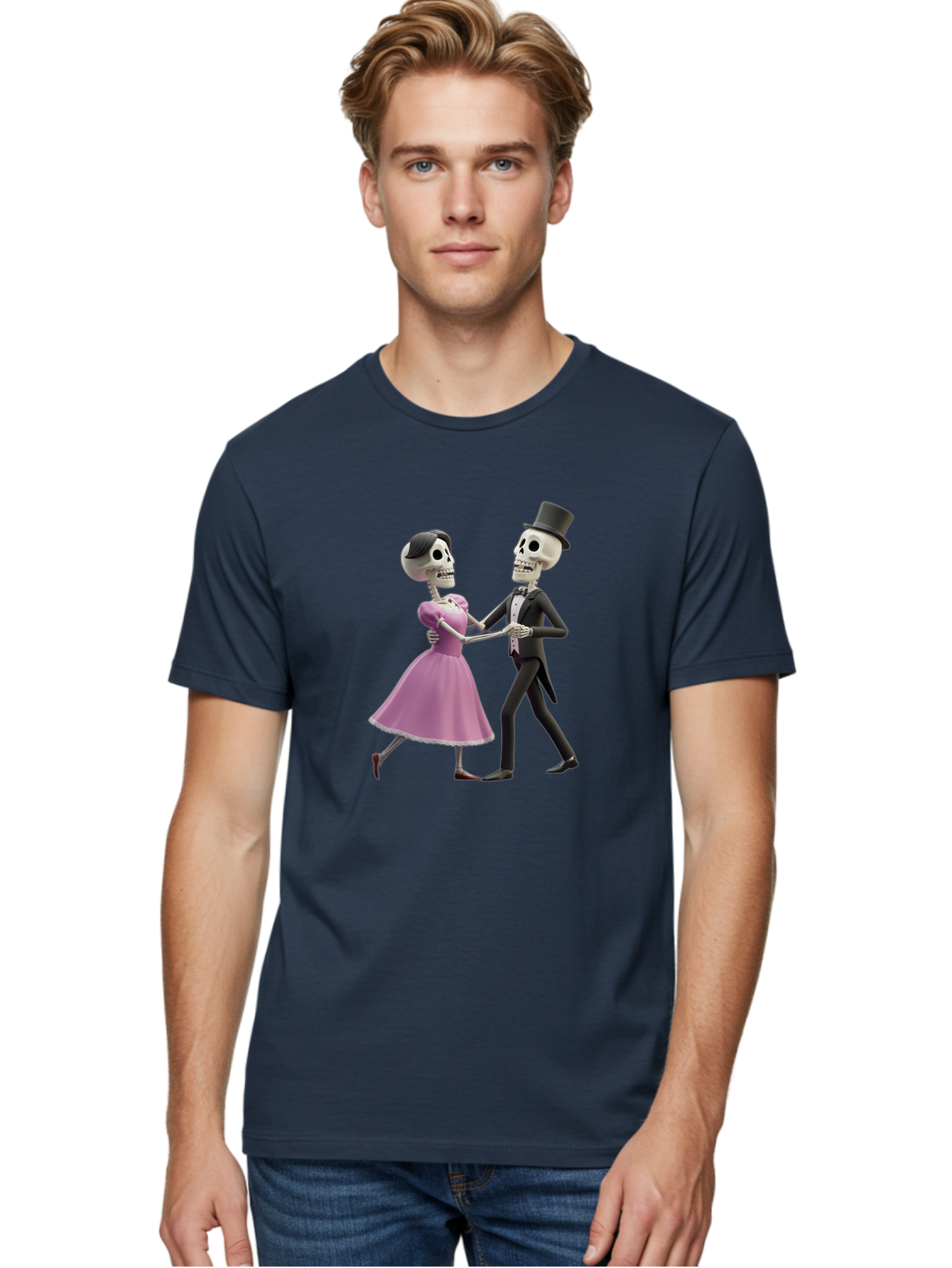Dancing-Skeletons Men'S Graphic Tee, 100% Cotton, Comfortable Casual Summer Wear, Machine Washable, Skeleton Couple Dancing, Day Of The Dead Celebration, Calavera Fashion, Traditional Mexican Attire, Sugar Skull Makeup, Waltz Dance, Bac974