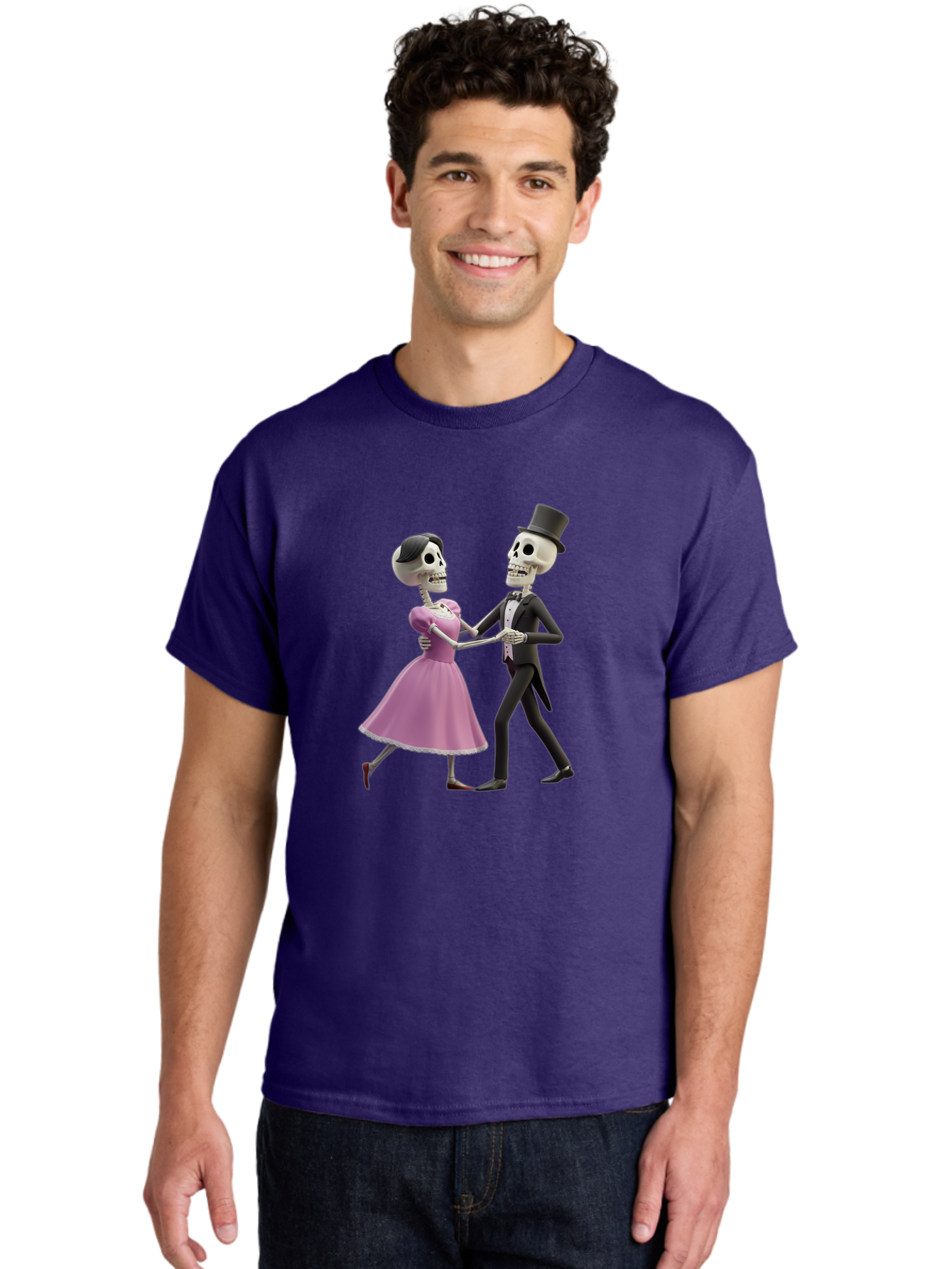 Dancing-Skeletons Men'S Graphic Tee, 100% Cotton, Comfortable Casual Summer Wear, Machine Washable, Skeleton Couple Dancing, Day Of The Dead Celebration, Calavera Fashion, Traditional Mexican Attire, Sugar Skull Makeup, Waltz Dance, Bac974