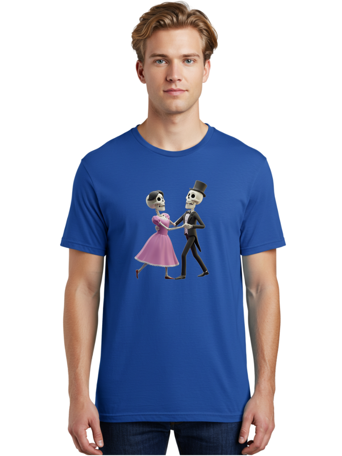 Dancing-Skeletons Men'S Graphic Tee, 100% Cotton, Comfortable Casual Summer Wear, Machine Washable, Skeleton Couple Dancing, Day Of The Dead Celebration, Calavera Fashion, Traditional Mexican Attire, Sugar Skull Makeup, Waltz Dance, Bac974