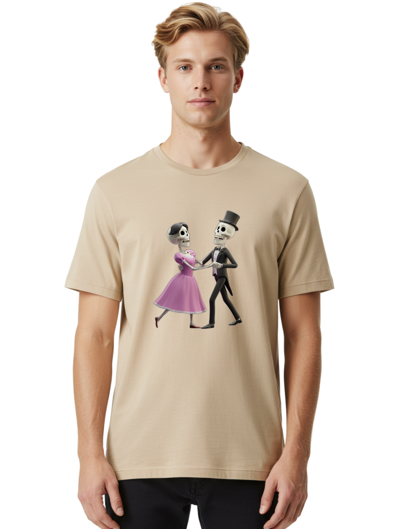 Dancing-Skeletons Men'S Graphic Tee, 100% Cotton, Comfortable Casual Summer Wear, Machine Washable, Skeleton Couple Dancing, Day Of The Dead Celebration, Calavera Fashion, Traditional Mexican Attire, Sugar Skull Makeup, Waltz Dance, Bac974