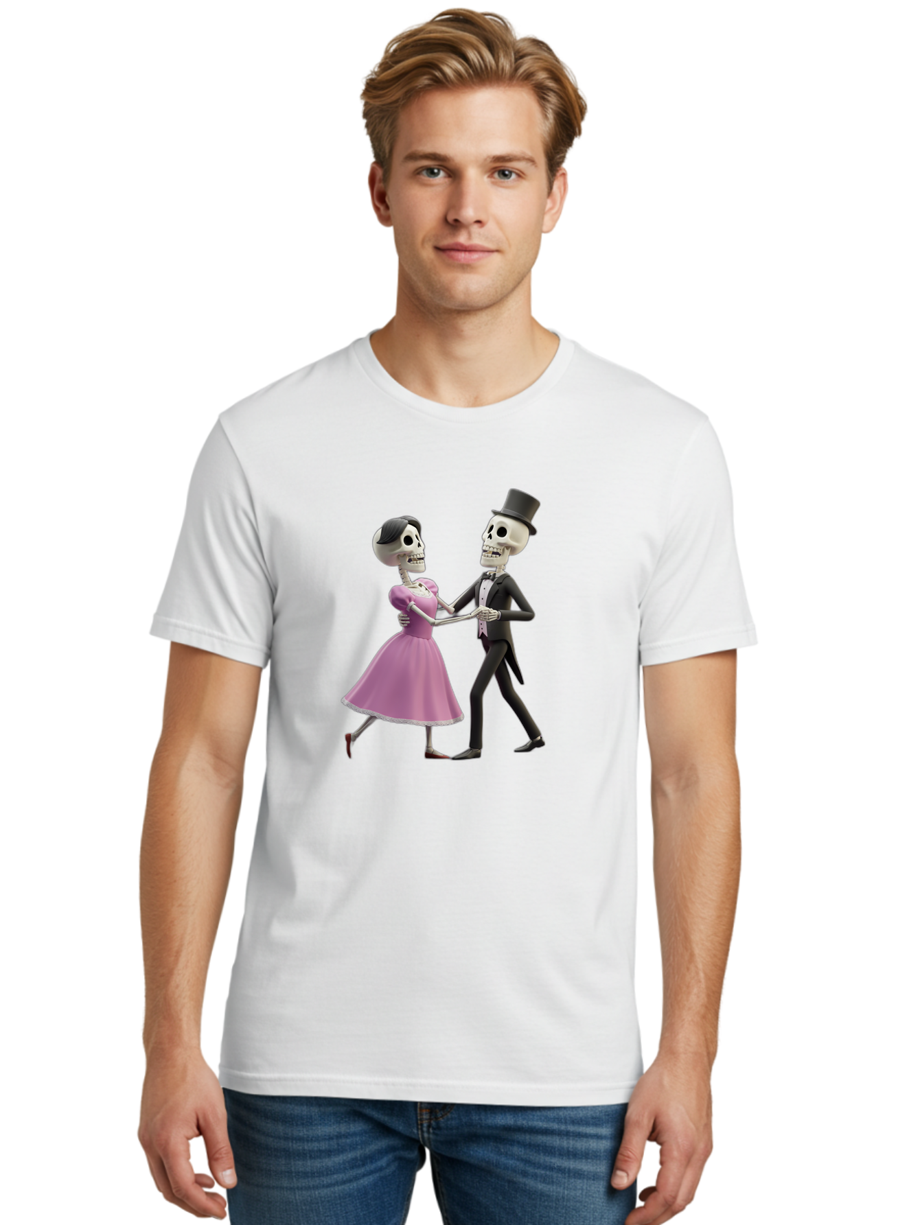 Dancing-Skeletons Men'S Graphic Tee, 100% Cotton, Comfortable Casual Summer Wear, Machine Washable, Skeleton Couple Dancing, Day Of The Dead Celebration, Calavera Fashion, Traditional Mexican Attire, Sugar Skull Makeup, Waltz Dance, Bac974
