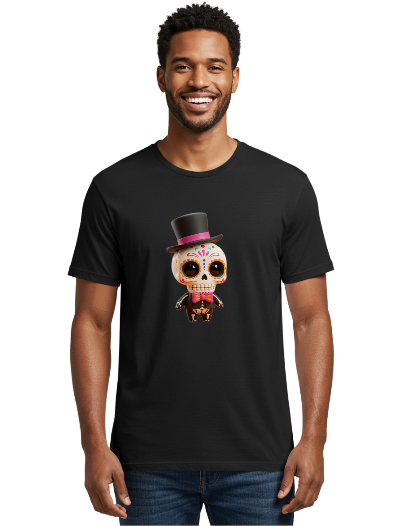 Day-Of-The-Dead-Skeleton Men'S Graphic Tee, 100% Cotton, Comfortable Casual Summer Wear, Machine Washable, Sugar Skull, Day Of The Dead, Dia De Los Muertos, Skeleton Figurine, Colorful Decorations, Festive Attire, Top Hat, Bow Tie, Bac977