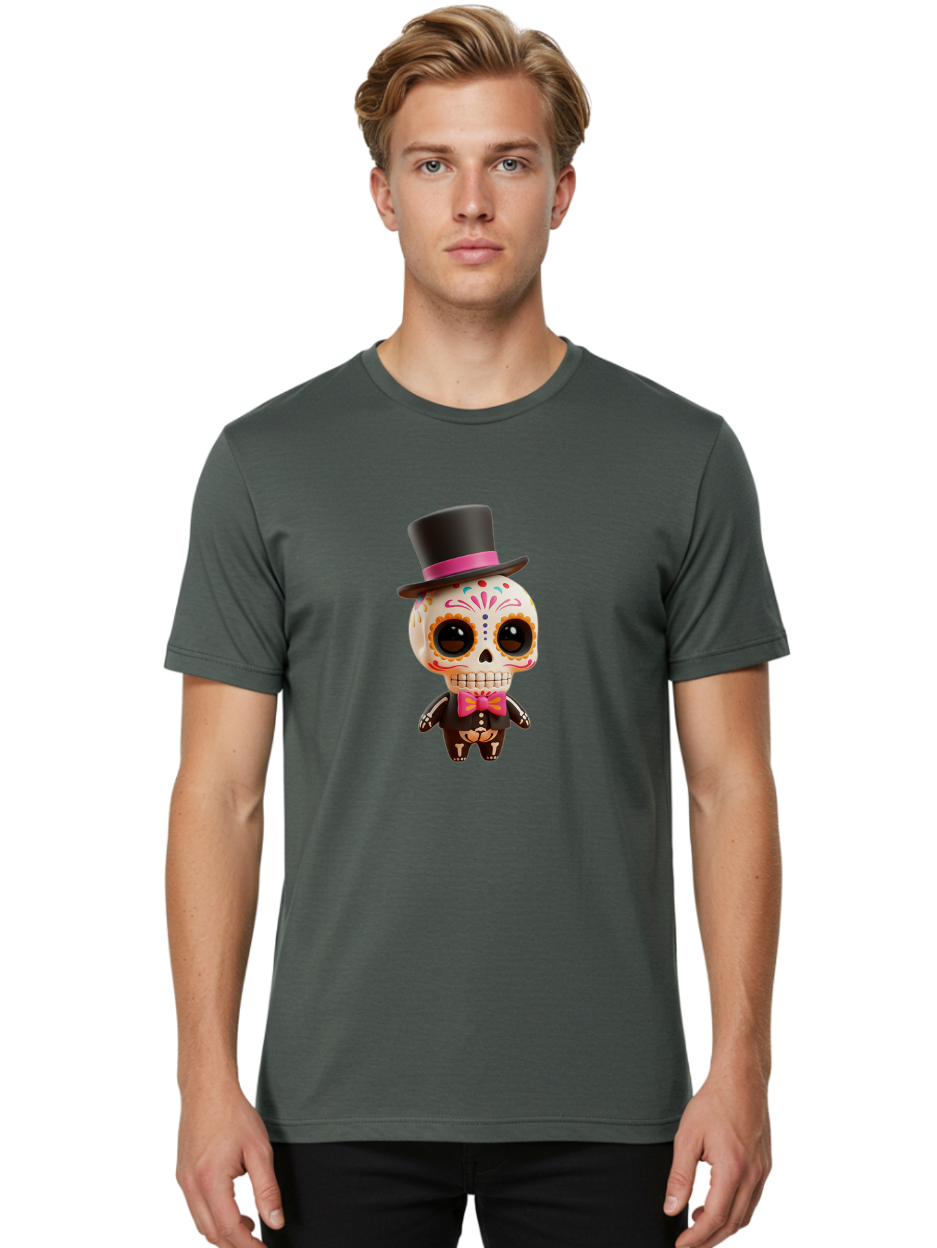 Day-Of-The-Dead-Skeleton Men'S Graphic Tee, 100% Cotton, Comfortable Casual Summer Wear, Machine Washable, Sugar Skull, Day Of The Dead, Dia De Los Muertos, Skeleton Figurine, Colorful Decorations, Festive Attire, Top Hat, Bow Tie, Bac977