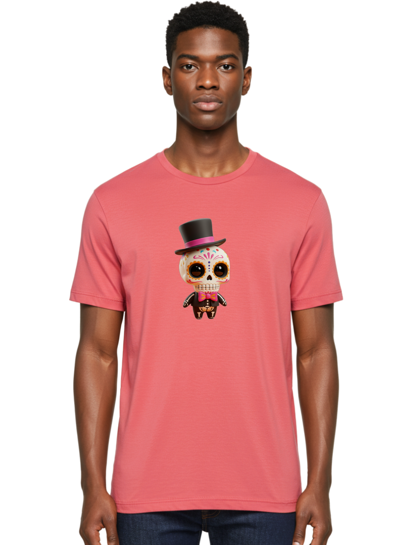 Day-Of-The-Dead-Skeleton Men'S Graphic Tee, 100% Cotton, Comfortable Casual Summer Wear, Machine Washable, Sugar Skull, Day Of The Dead, Dia De Los Muertos, Skeleton Figurine, Colorful Decorations, Festive Attire, Top Hat, Bow Tie, Bac977