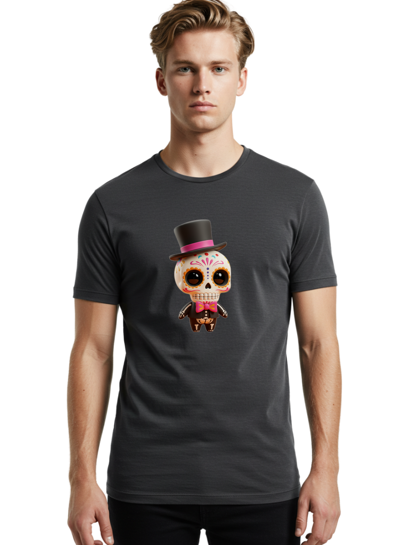 Day-Of-The-Dead-Skeleton Men'S Graphic Tee, 100% Cotton, Comfortable Casual Summer Wear, Machine Washable, Sugar Skull, Day Of The Dead, Dia De Los Muertos, Skeleton Figurine, Colorful Decorations, Festive Attire, Top Hat, Bow Tie, Bac977