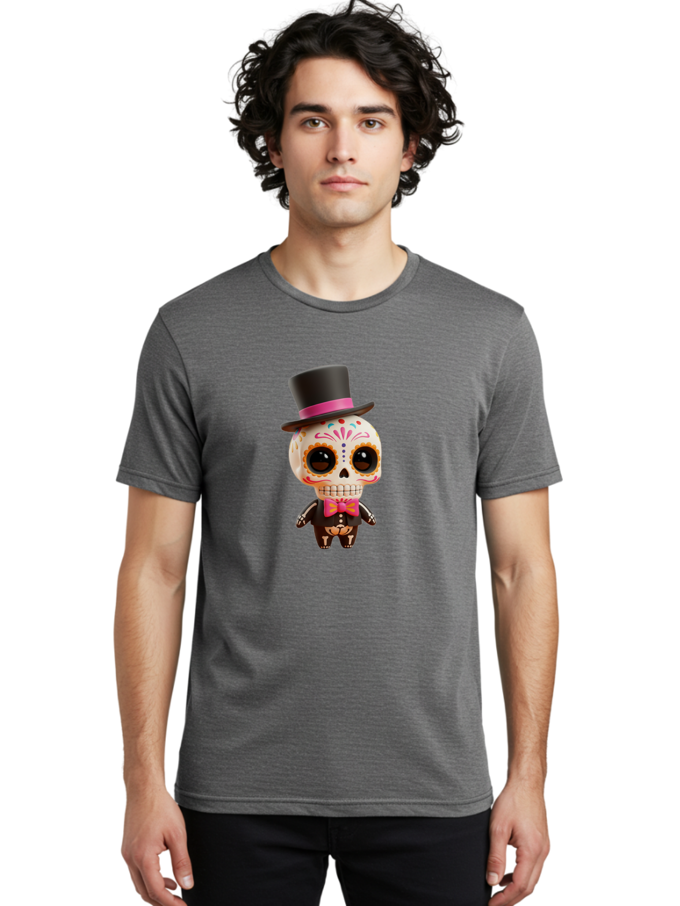 Day-Of-The-Dead-Skeleton Men'S Graphic Tee, 100% Cotton, Comfortable Casual Summer Wear, Machine Washable, Sugar Skull, Day Of The Dead, Dia De Los Muertos, Skeleton Figurine, Colorful Decorations, Festive Attire, Top Hat, Bow Tie, Bac977