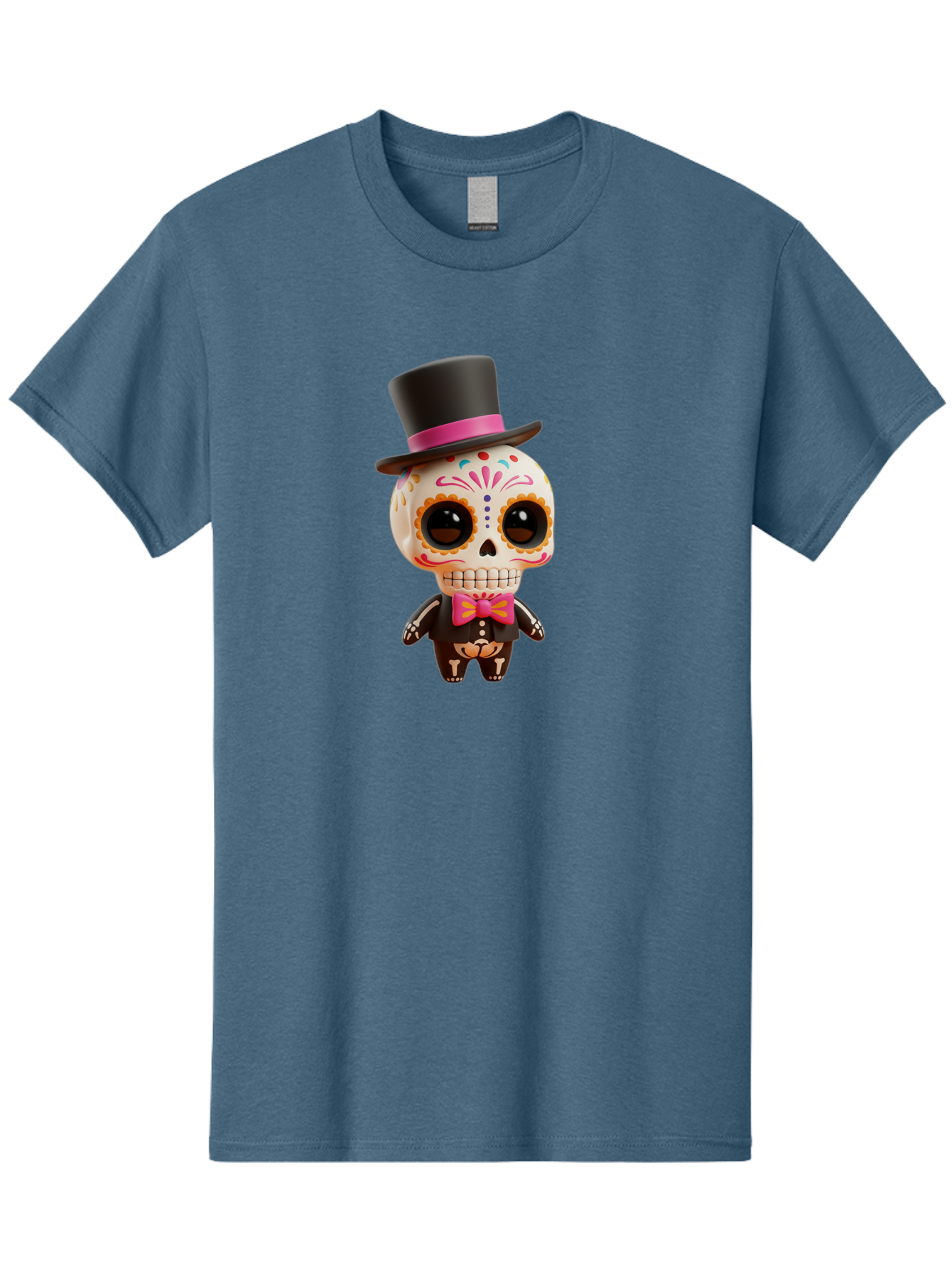 Day-Of-The-Dead-Skeleton Men'S Graphic Tee, 100% Cotton, Comfortable Casual Summer Wear, Machine Washable, Sugar Skull, Day Of The Dead, Dia De Los Muertos, Skeleton Figurine, Colorful Decorations, Festive Attire, Top Hat, Bow Tie, Bac977