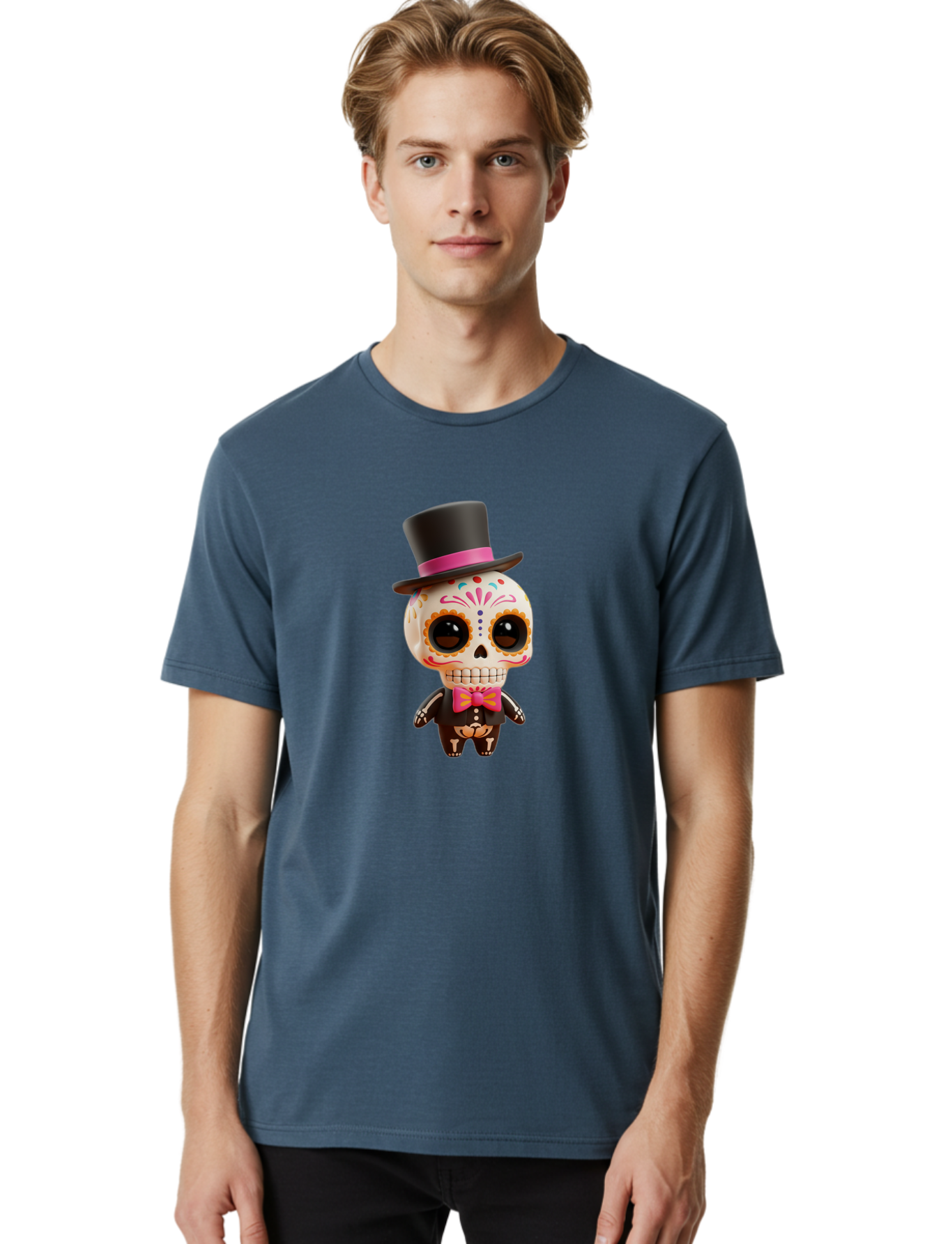Day-Of-The-Dead-Skeleton Men'S Graphic Tee, 100% Cotton, Comfortable Casual Summer Wear, Machine Washable, Sugar Skull, Day Of The Dead, Dia De Los Muertos, Skeleton Figurine, Colorful Decorations, Festive Attire, Top Hat, Bow Tie, Bac977