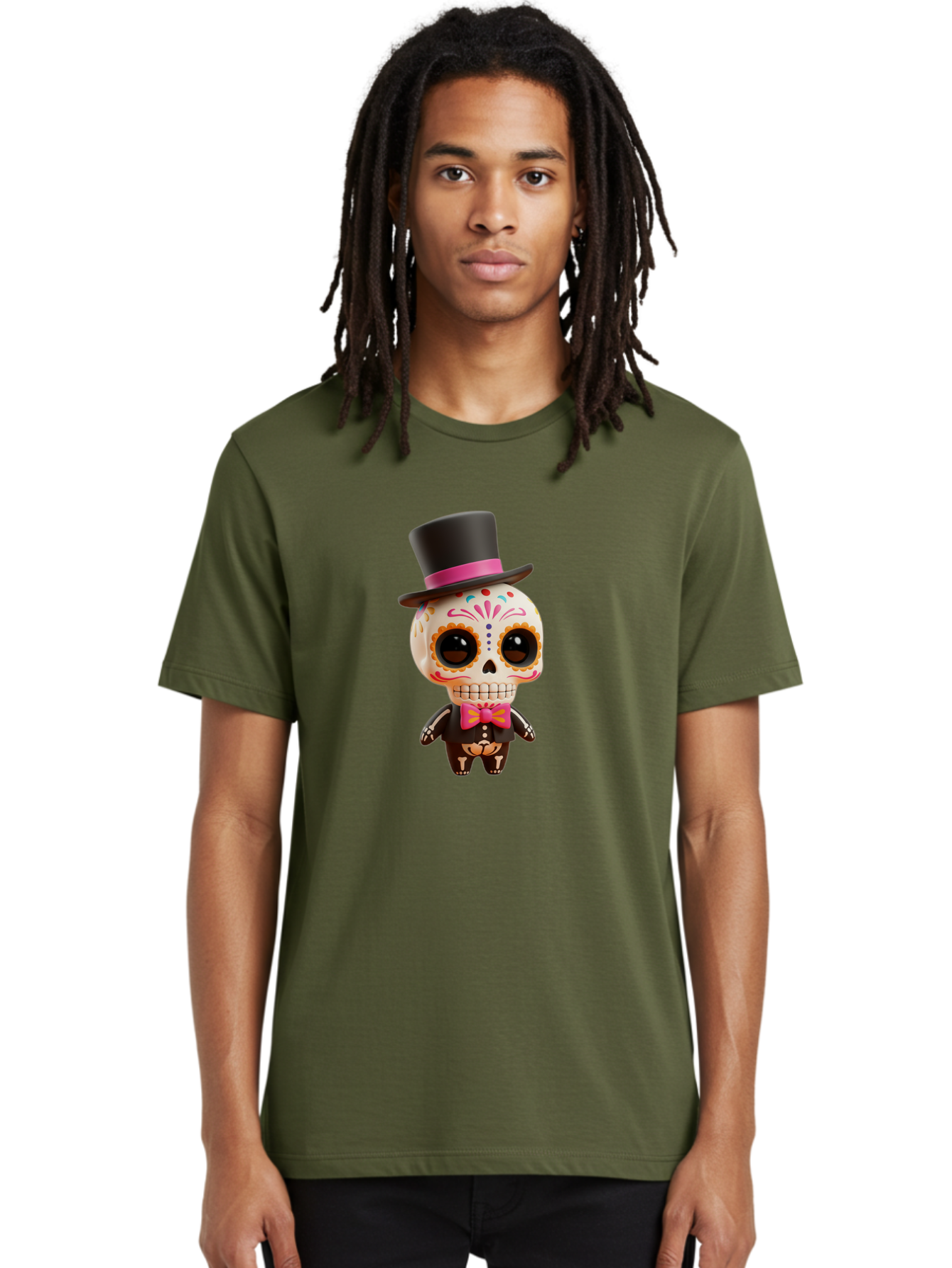 Day-Of-The-Dead-Skeleton Men'S Graphic Tee, 100% Cotton, Comfortable Casual Summer Wear, Machine Washable, Sugar Skull, Day Of The Dead, Dia De Los Muertos, Skeleton Figurine, Colorful Decorations, Festive Attire, Top Hat, Bow Tie, Bac977
