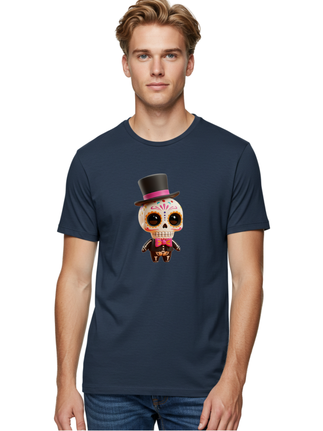 Day-Of-The-Dead-Skeleton Men'S Graphic Tee, 100% Cotton, Comfortable Casual Summer Wear, Machine Washable, Sugar Skull, Day Of The Dead, Dia De Los Muertos, Skeleton Figurine, Colorful Decorations, Festive Attire, Top Hat, Bow Tie, Bac977