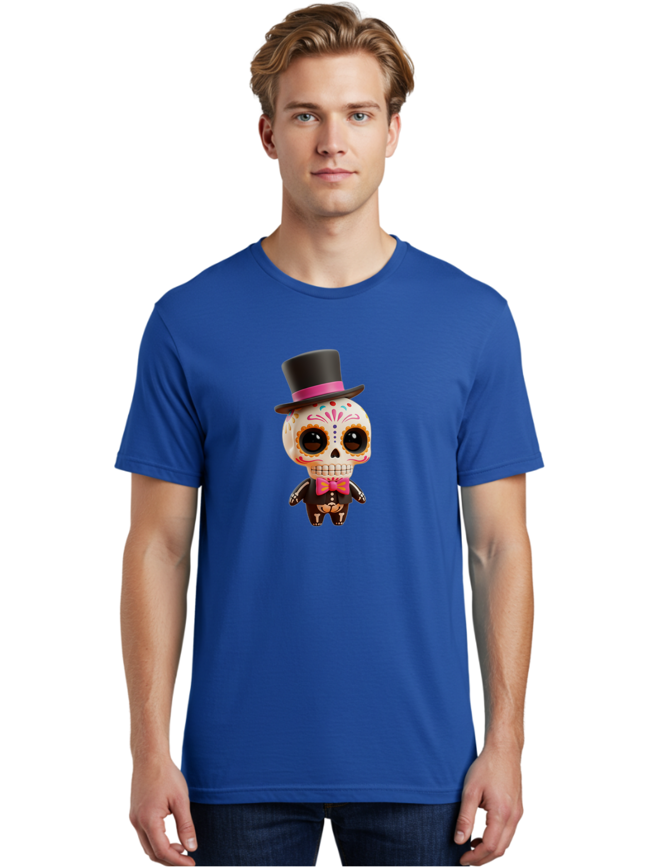 Day-Of-The-Dead-Skeleton Men'S Graphic Tee, 100% Cotton, Comfortable Casual Summer Wear, Machine Washable, Sugar Skull, Day Of The Dead, Dia De Los Muertos, Skeleton Figurine, Colorful Decorations, Festive Attire, Top Hat, Bow Tie, Bac977