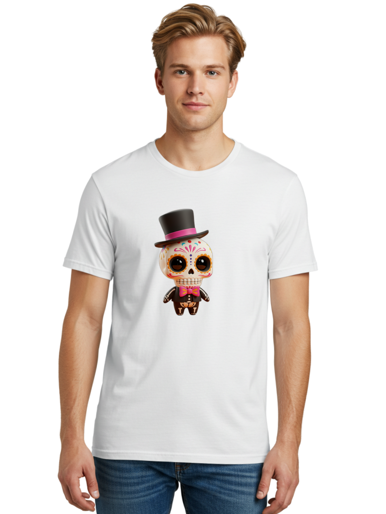 Day-Of-The-Dead-Skeleton Men'S Graphic Tee, 100% Cotton, Comfortable Casual Summer Wear, Machine Washable, Sugar Skull, Day Of The Dead, Dia De Los Muertos, Skeleton Figurine, Colorful Decorations, Festive Attire, Top Hat, Bow Tie, Bac977