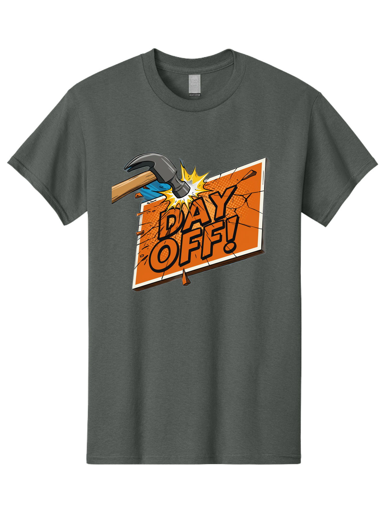 Day-Off-1 Men'S Graphic Tee, 100% Cotton, Comfortable Casual Summer Wear, Machine Washable, Day Off, Hammer Smashing Sign, Cartoon Humor, Comedic Relief, Breaking Rules, Relaxation, Leisure Time, Comical Illustration, Work-Life Balance Bac978