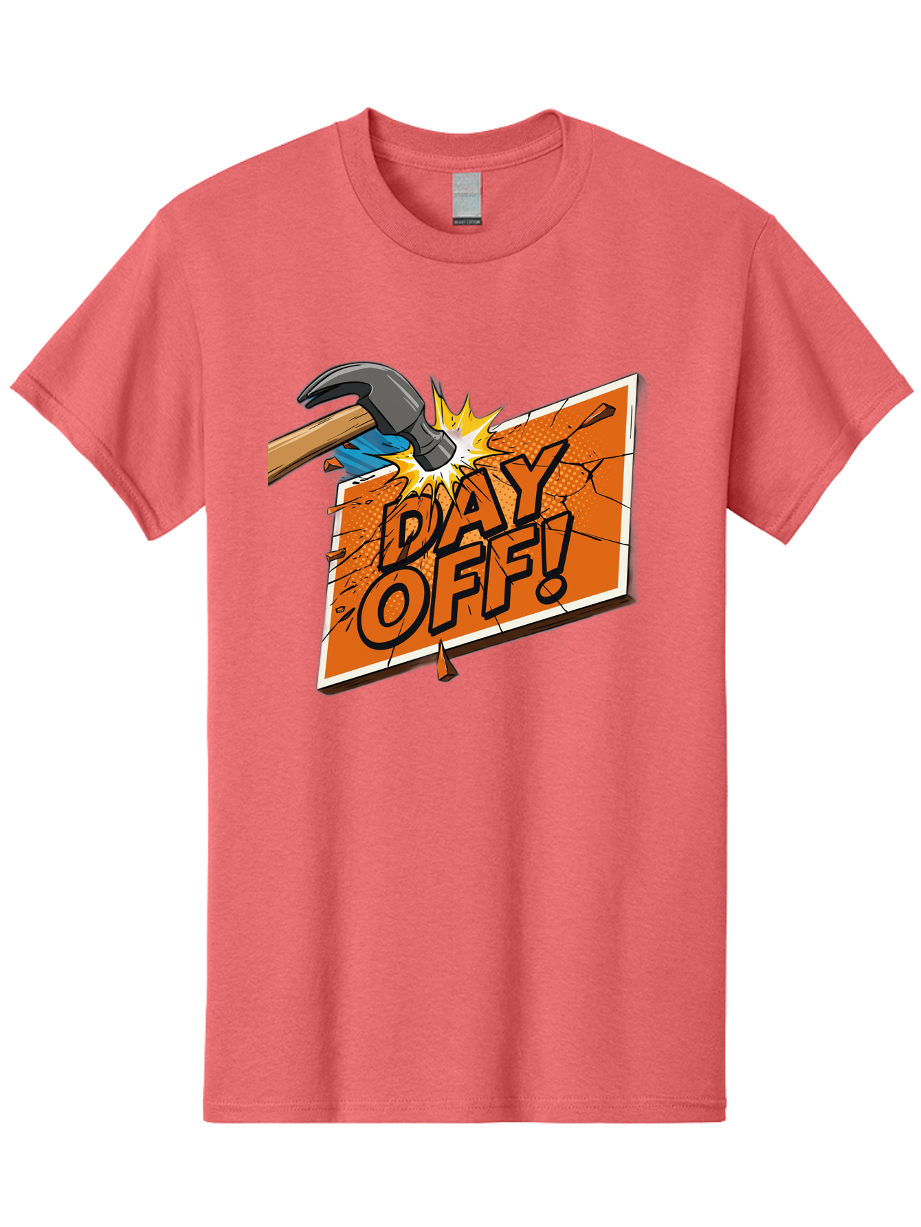 Day-Off-1 Men'S Graphic Tee, 100% Cotton, Comfortable Casual Summer Wear, Machine Washable, Day Off, Hammer Smashing Sign, Cartoon Humor, Comedic Relief, Breaking Rules, Relaxation, Leisure Time, Comical Illustration, Work-Life Balance Bac978