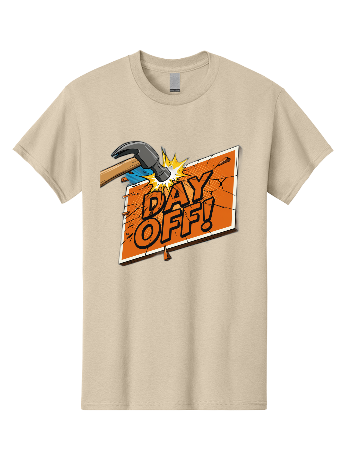 Day-Off-1 Men'S Graphic Tee, 100% Cotton, Comfortable Casual Summer Wear, Machine Washable, Day Off, Hammer Smashing Sign, Cartoon Humor, Comedic Relief, Breaking Rules, Relaxation, Leisure Time, Comical Illustration, Work-Life Balance Bac978