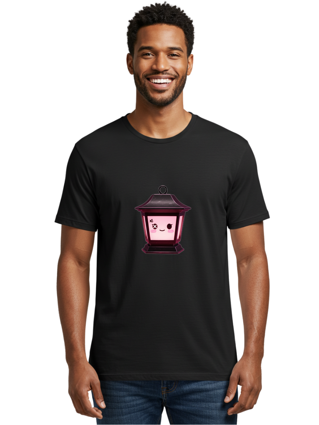 Dead-Eye-Lantern Men'S Graphic Tee, 100% Cotton, Comfortable Casual Summer Wear, Machine Washable, Kawaii Lantern, Anime Style, Dead Eye, Smiling Face, Pink Cheeks, Cute Design, Cartoonish, Quirky Character, Pink Glow, Unique Expression, Bac982