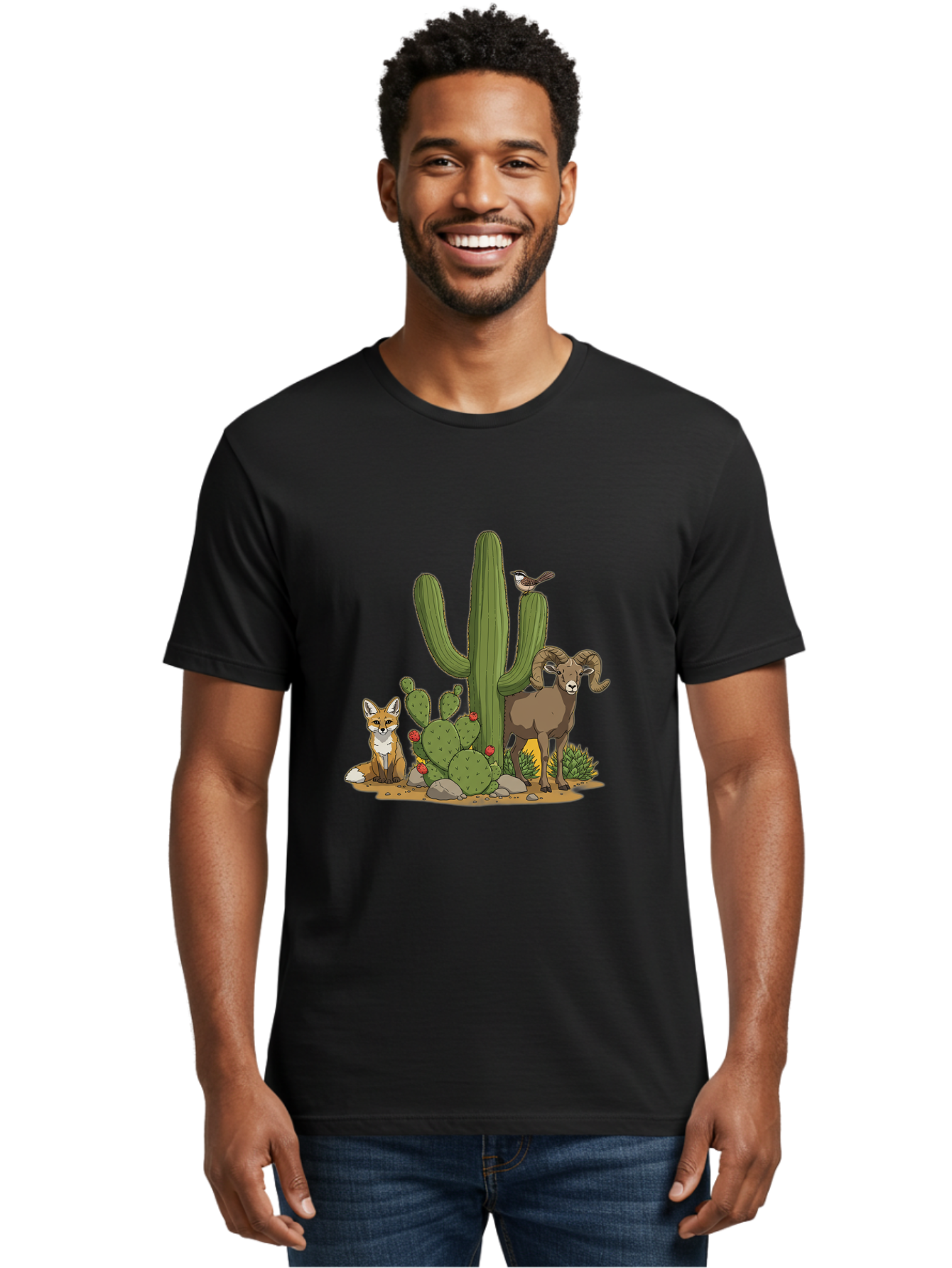 Desert-Animals Men'S Graphic Tee, 100% Cotton, Comfortable Casual Summer Wear, Machine Washable, Desert Wildlife, Coyote Sitting, Bighorn Sheep Standing, Bird Perched On Cactus, Cactus With Red Flowers, Desert Landscape, Wild Animals, Bac984