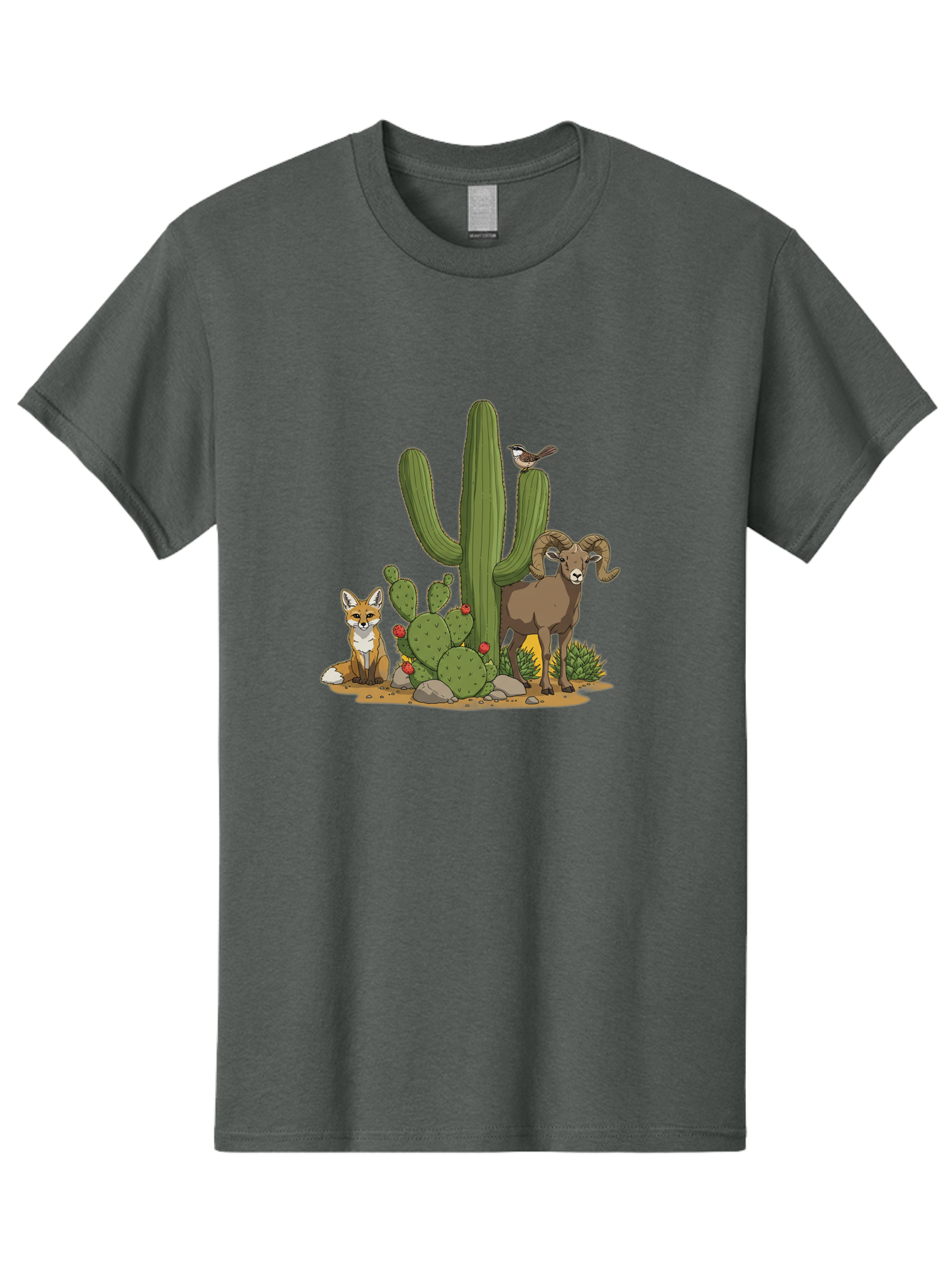 Desert-Animals Men'S Graphic Tee, 100% Cotton, Comfortable Casual Summer Wear, Machine Washable, Desert Wildlife, Coyote Sitting, Bighorn Sheep Standing, Bird Perched On Cactus, Cactus With Red Flowers, Desert Landscape, Wild Animals, Bac984