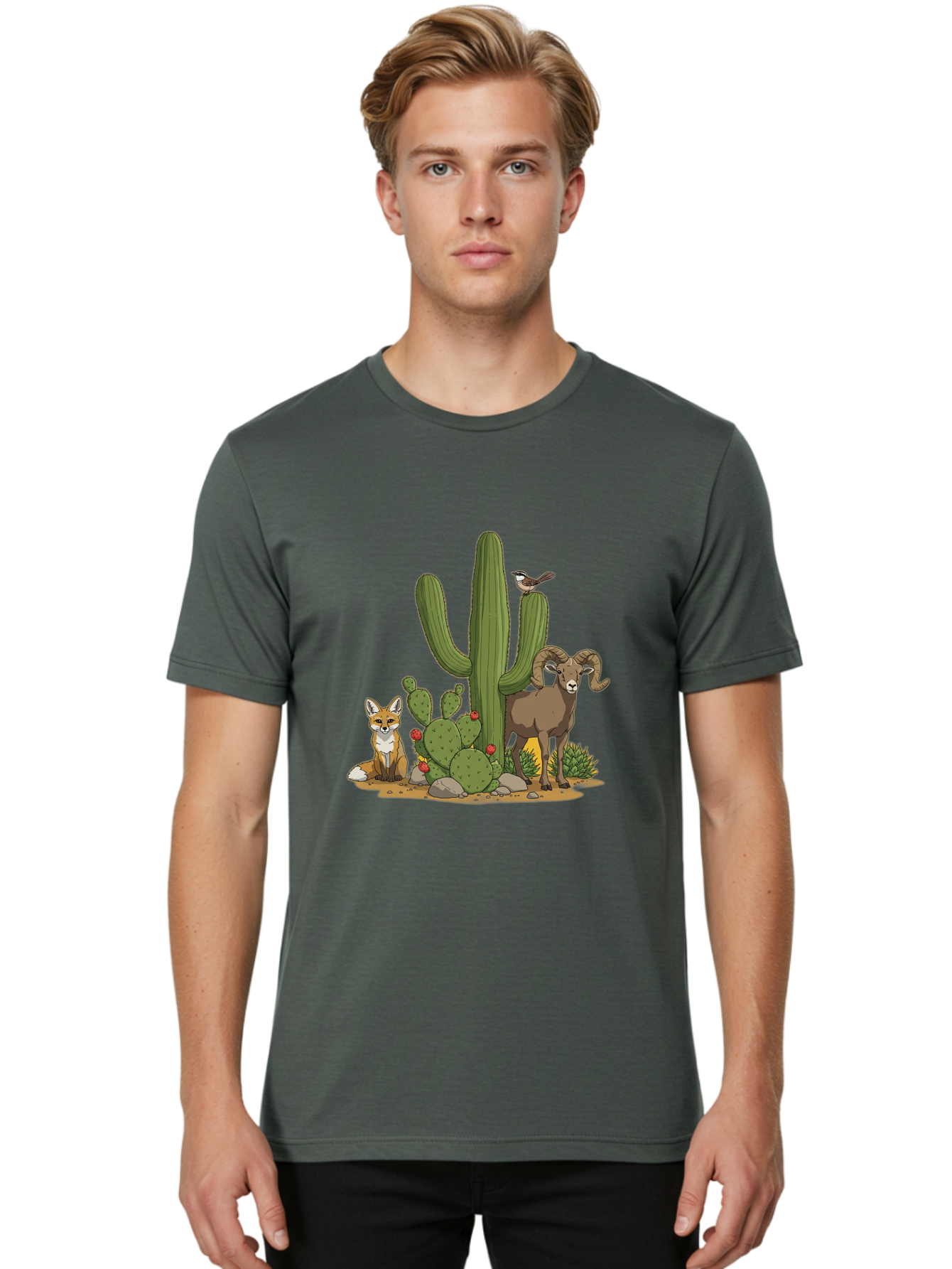 Desert-Animals Men'S Graphic Tee, 100% Cotton, Comfortable Casual Summer Wear, Machine Washable, Desert Wildlife, Coyote Sitting, Bighorn Sheep Standing, Bird Perched On Cactus, Cactus With Red Flowers, Desert Landscape, Wild Animals, Bac984